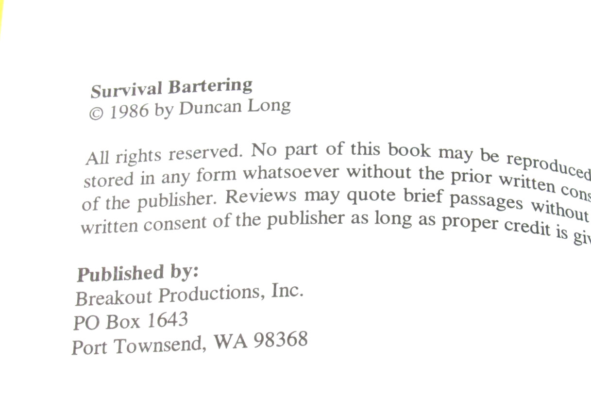 Survival Bartering Duncan Lon 1986 Breakout Publications VG+