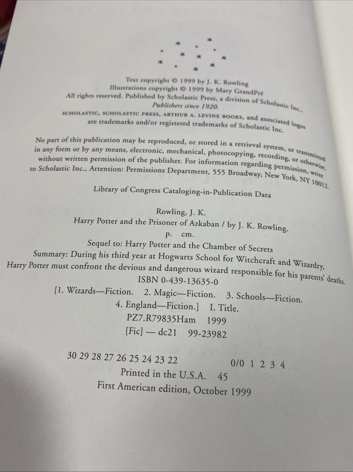 1st American Edition Print JK Rowling HARRY POTTER AND THE PRISONER OF AZKABAN