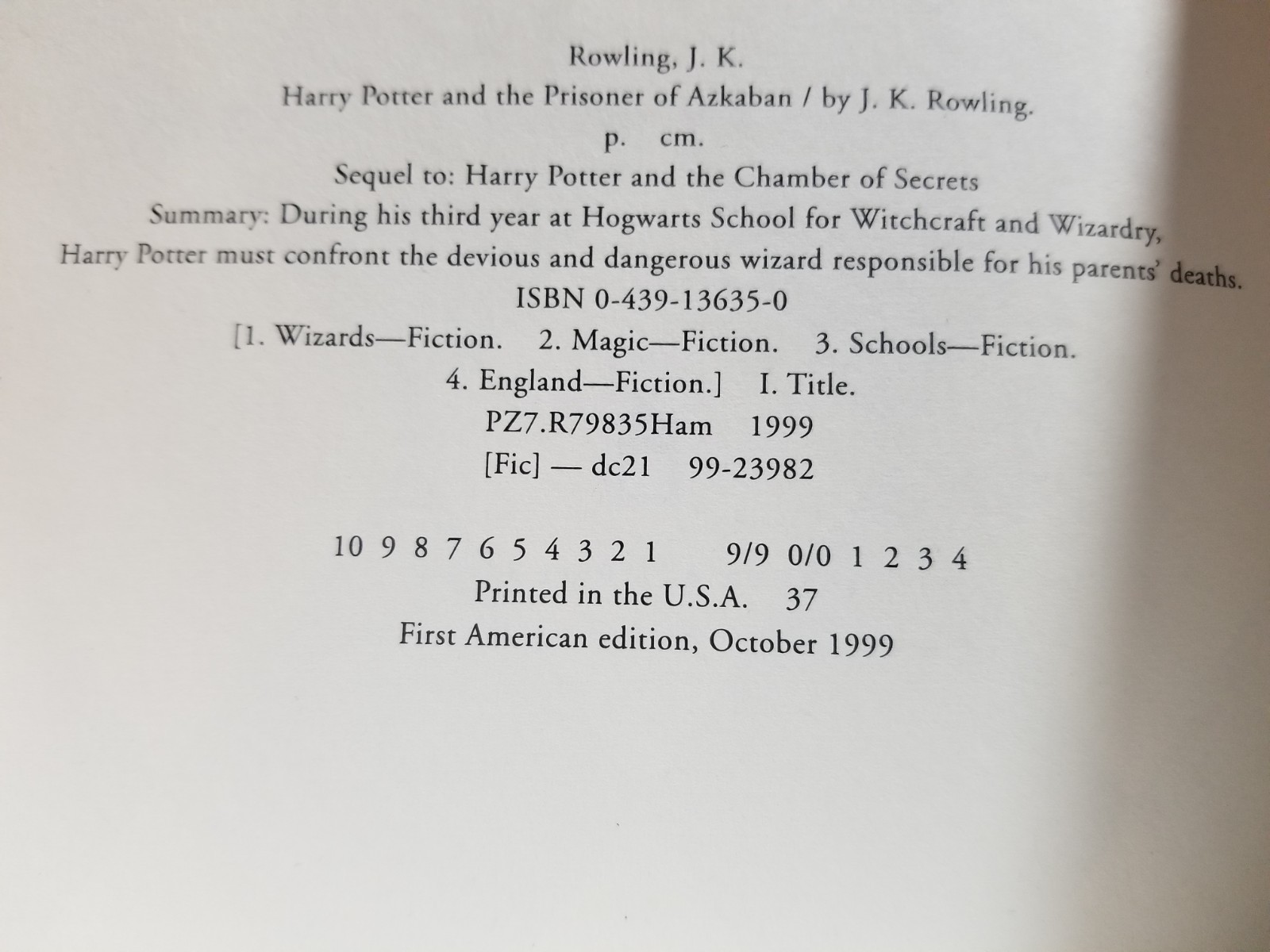 Harry Potter And The Prisoner Of Azkaban True 1st Edition American 1st Printing
