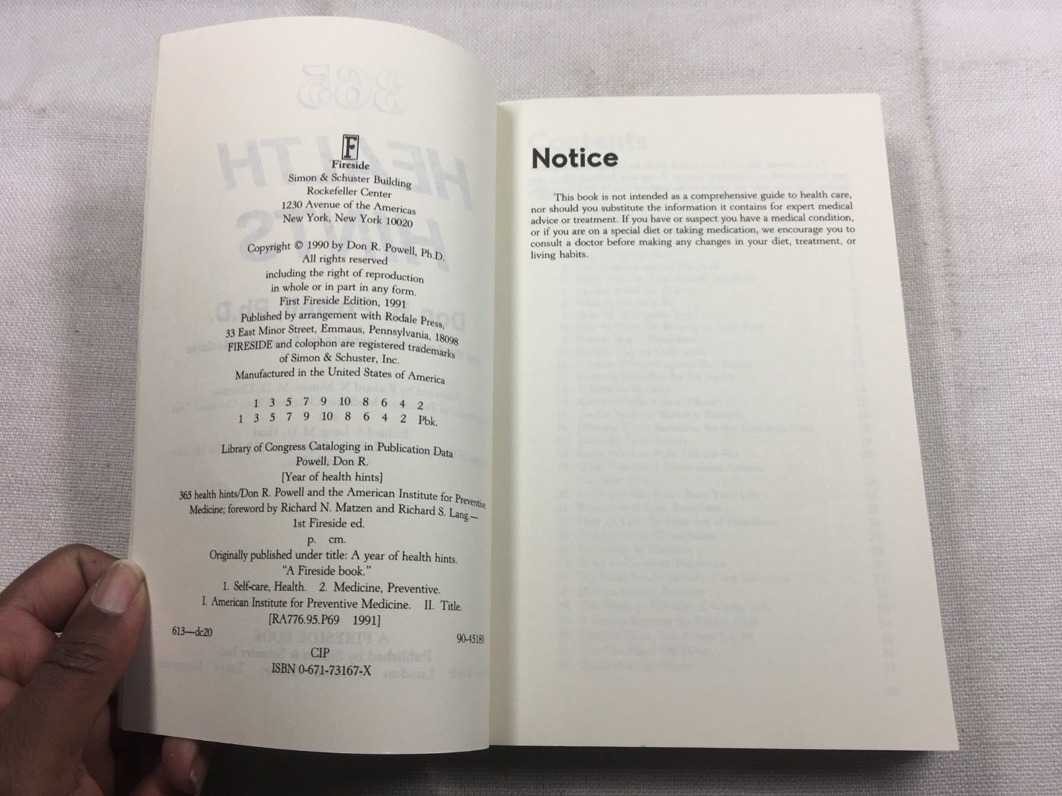 365 Health Hints Don R. Powell 1991 First Fireside Edition Wellness Simon &