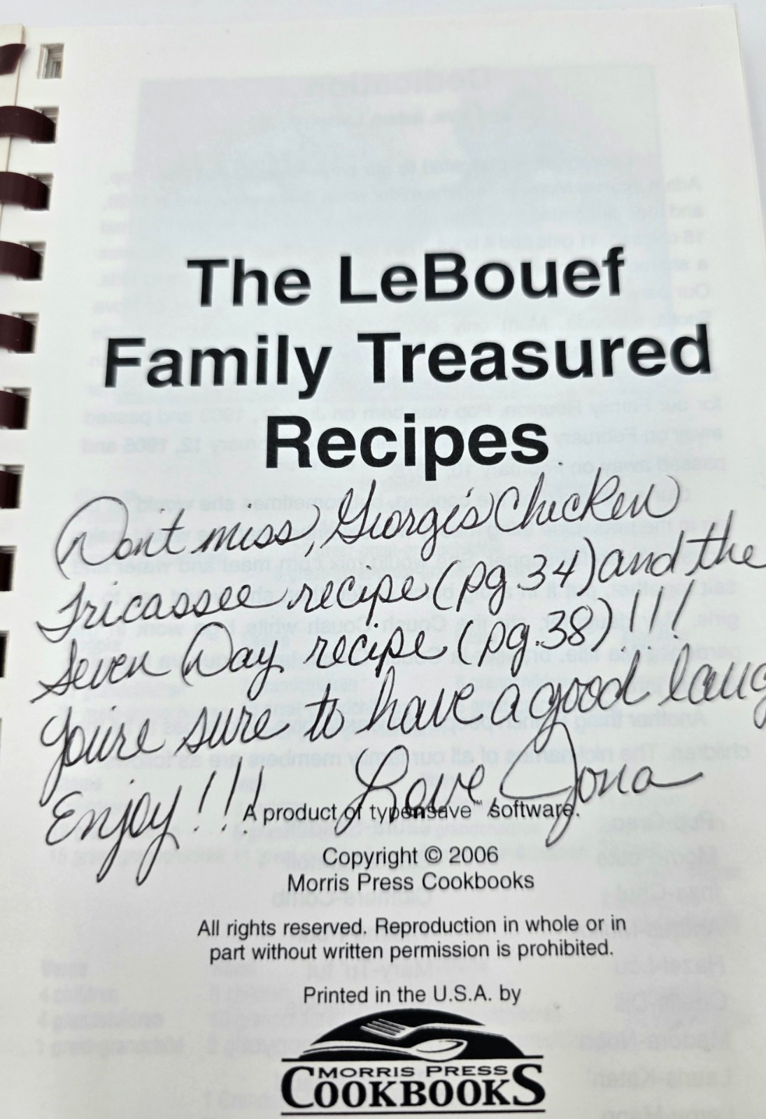 LeBouef Family Treasured Recipes Spiral Cookbook 2006 Morris Press Comb Bound