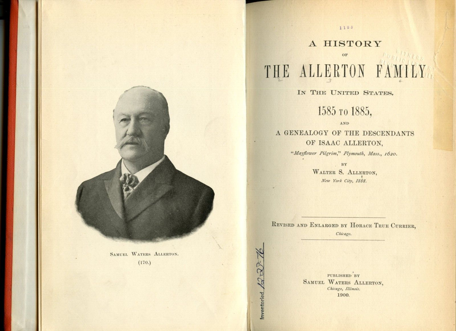 Allerton Family 1585-1885 by Walter S Allerton Horace Currier Genealogy HB Ills