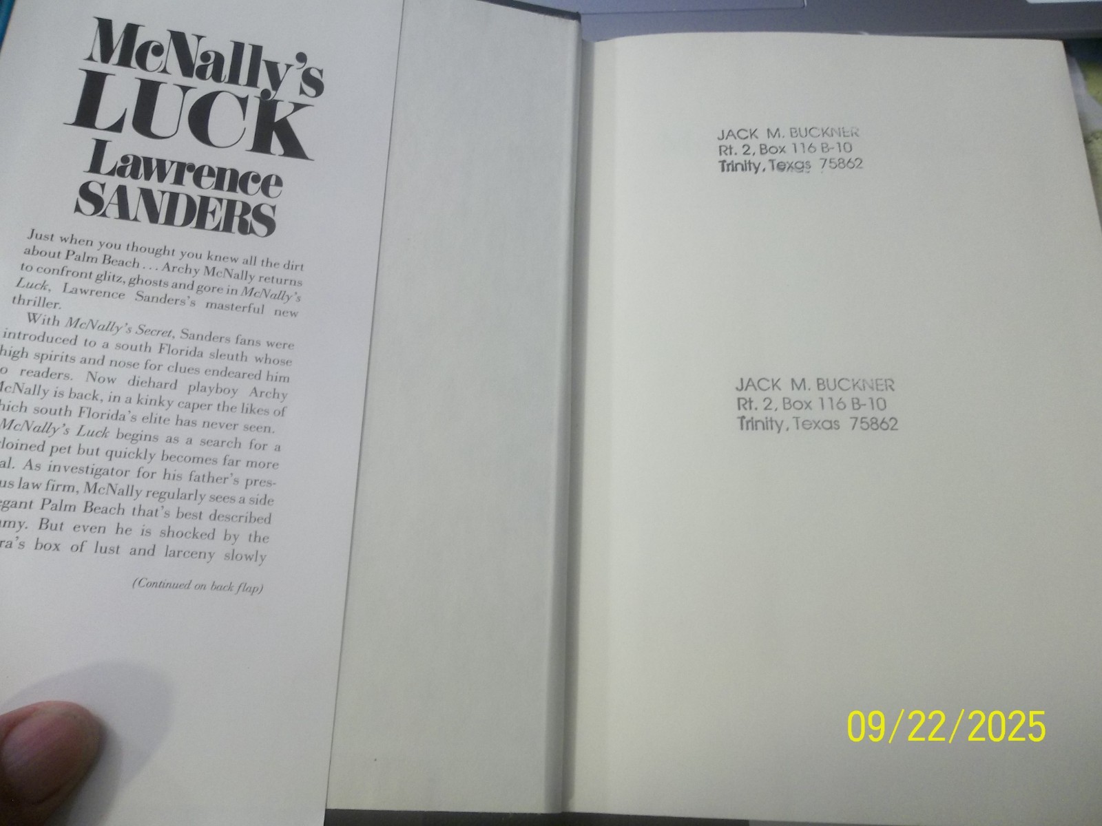 McNALLY’S LUCK~LAWRENCE SANDERS~1992 VG/C HARDCOVER BOOK~230 PAGES~W/DUST COVER