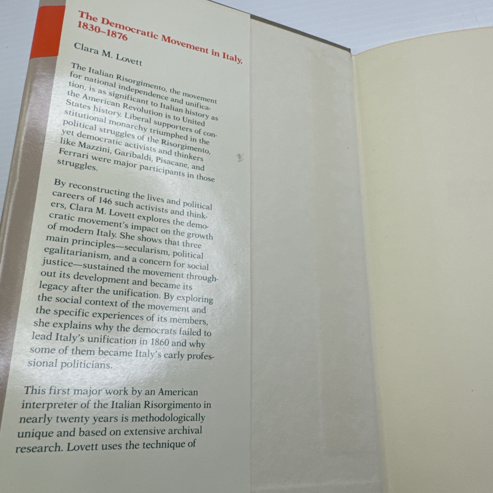 The Democratic Movement in Italy 1830-1876 Clara M. Lovett HC Harvard Press 1982