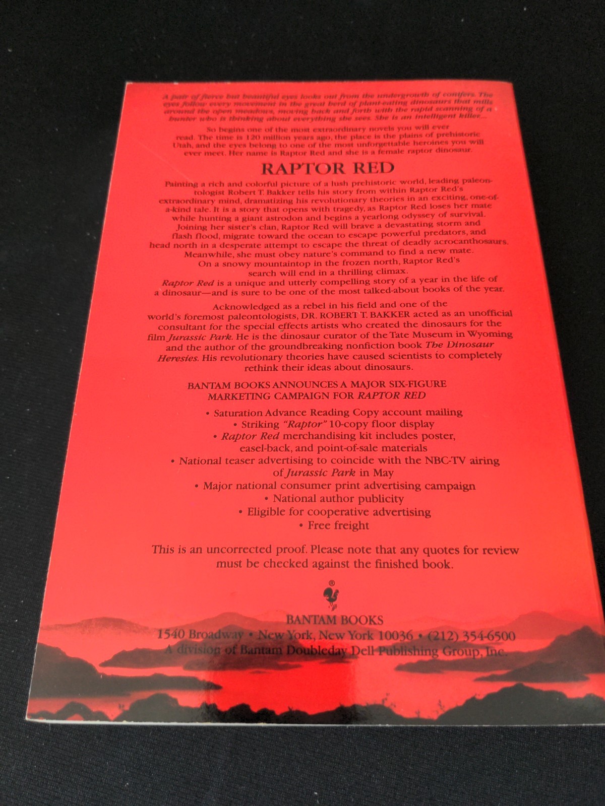 Uncorrected Proof – Raptor Red by Robert T. Bakker 1996 PB ARC