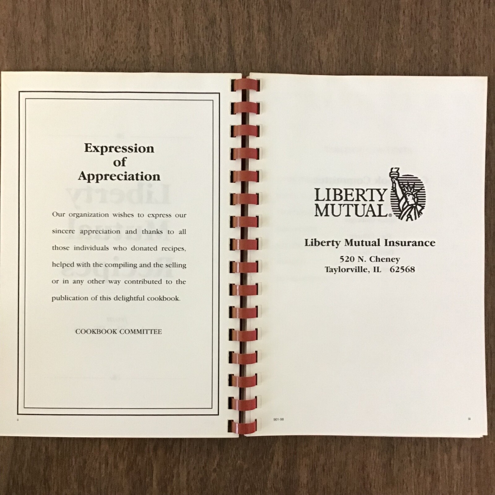 Taylorville Illinois Liberty Mutual Vtg 1998 Cookbook SEE INDEX PHOTOS