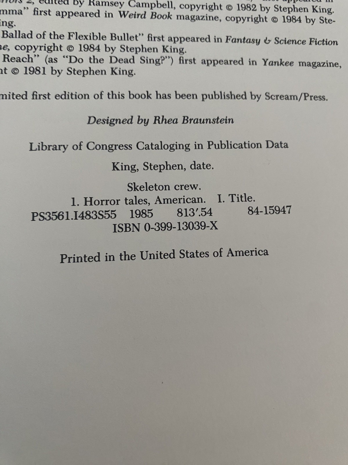 Stephen King Skeleton Crew Hardcover First Trade Edition 1985