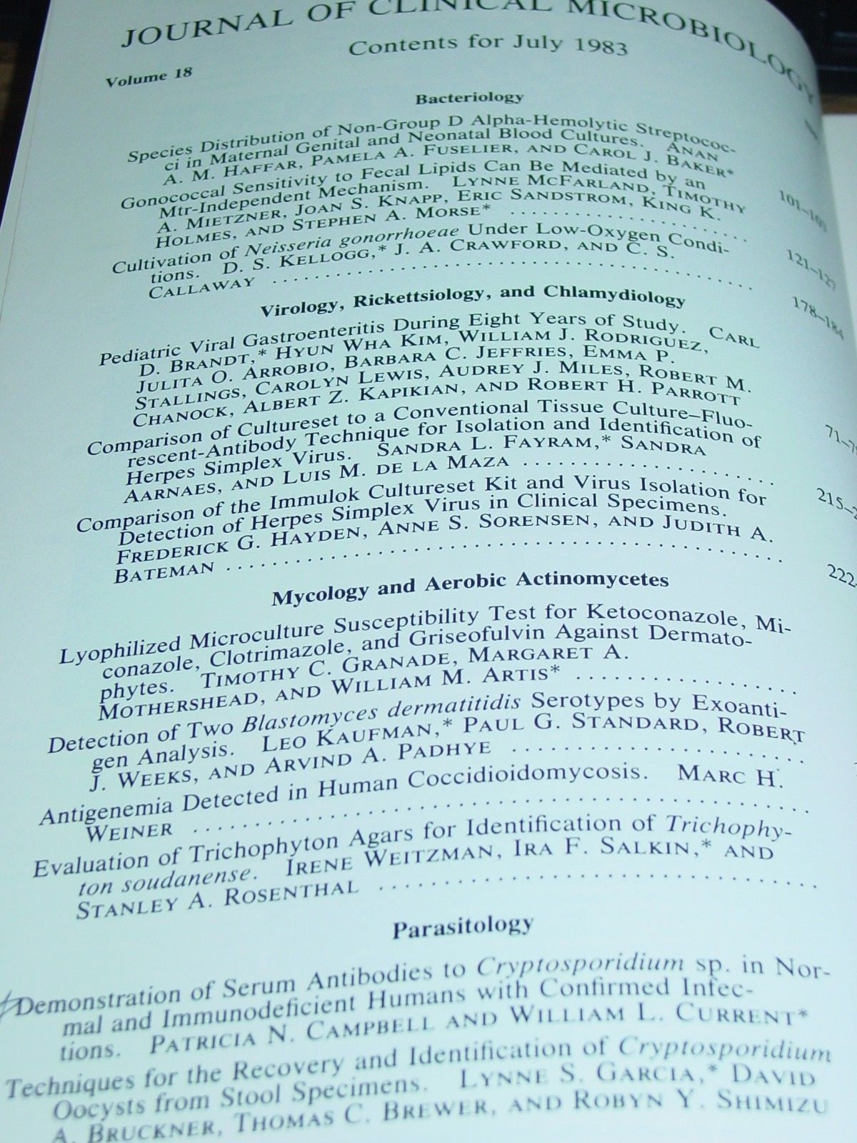 Journal of Clinical Microbiology Vol.18, No 1. July 1983 Epidemiology Immunology