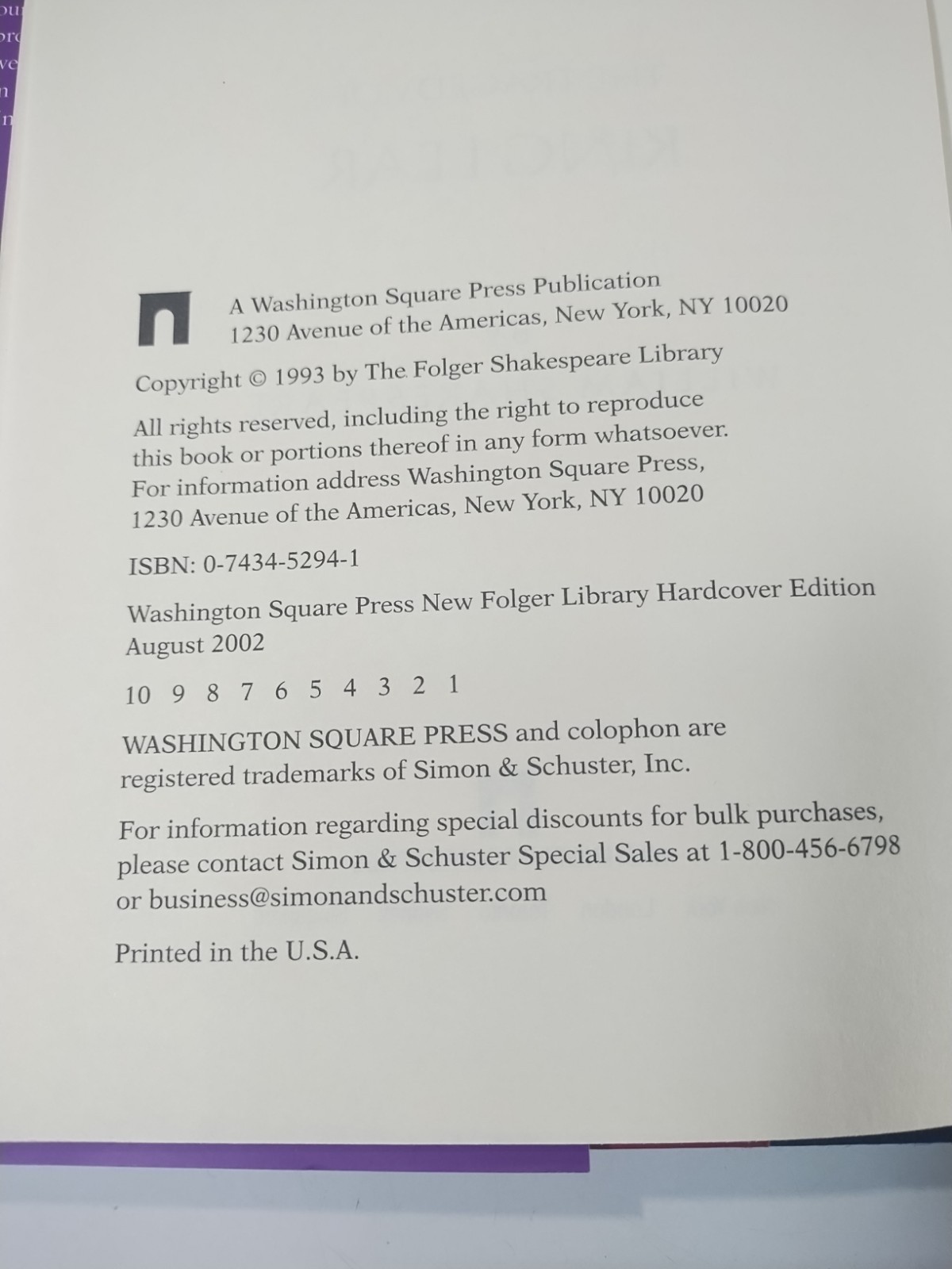 King Lear (The New Folger Library Shakespeare) First Edition 1993 RARE Hardcover