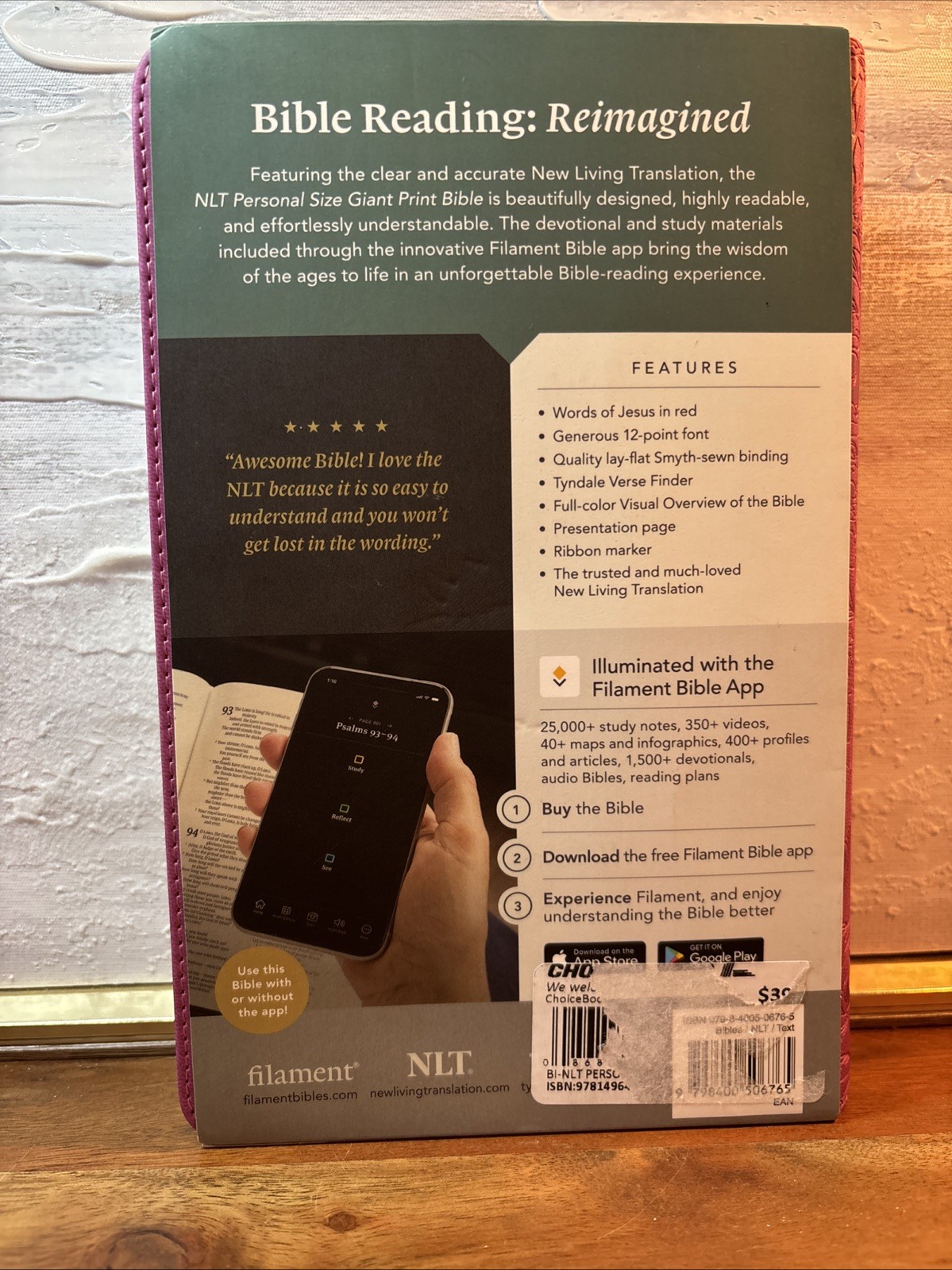 NLT Giant Print Bible, Filament Enabled LeatherLike, Peony Pink