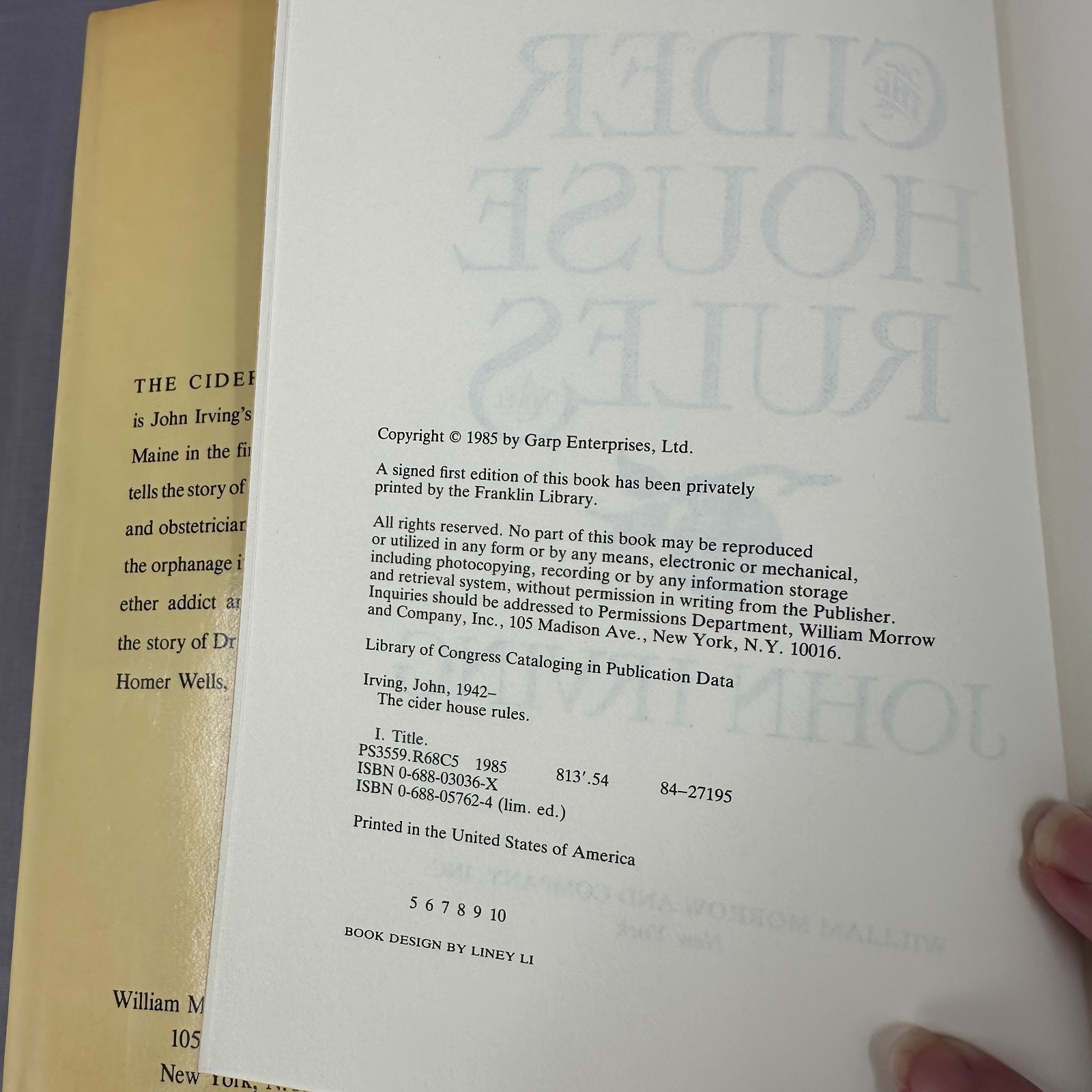 The Cider House Rules John Irving Hardcover Book Club Edition w Dust Jacket