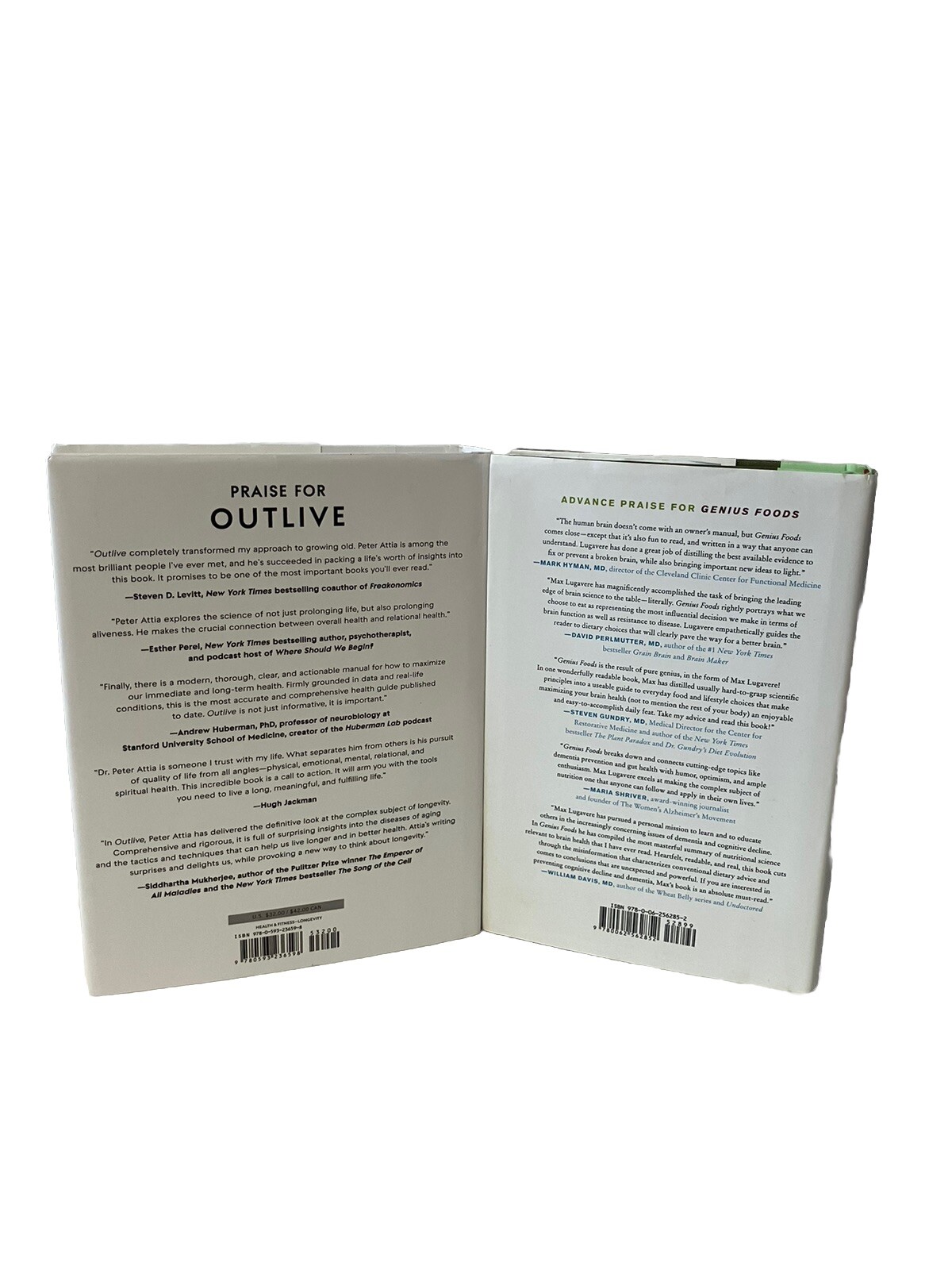 Outlive by Peter Attia 2023 HC & Genius Foods by Max Lugavere 2018 HC VERY GOOD