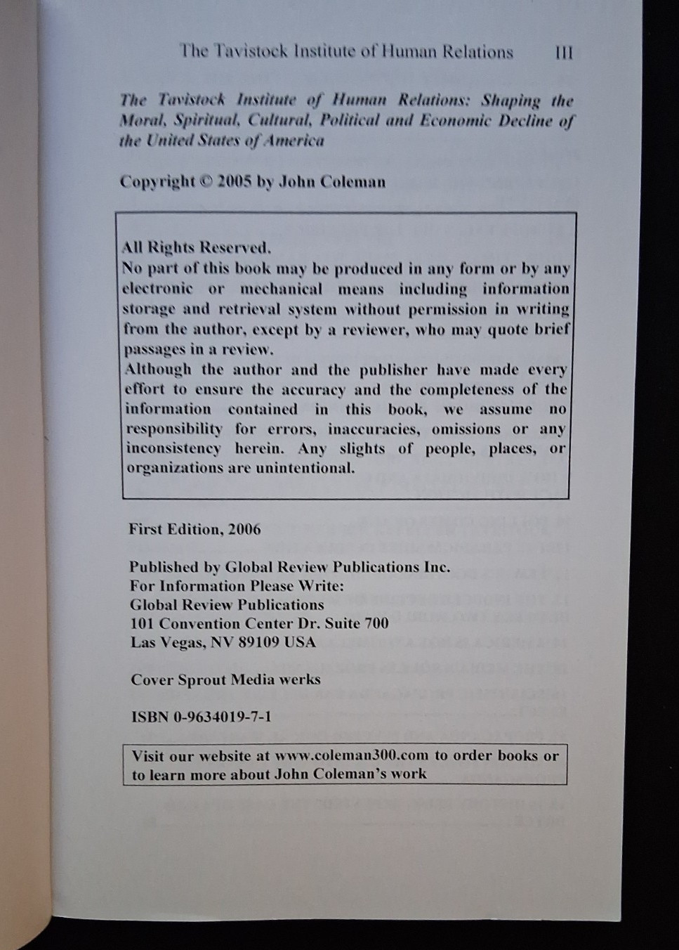 Tavistock Institute Of Human Relations By Dr. John Coleman 2006 PB 1st Edition??
