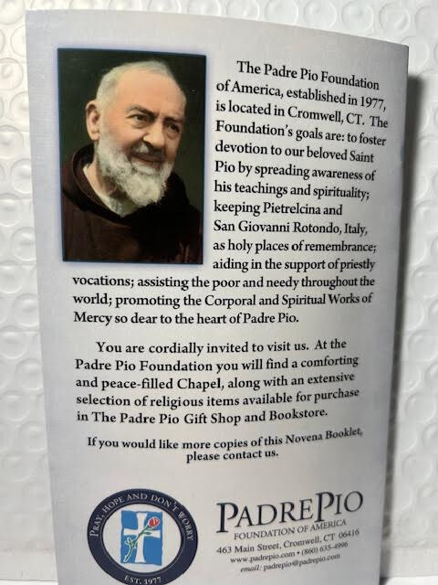 Padre Pio Small Novena Book NEW with Relic On Front Cover: Restocked!