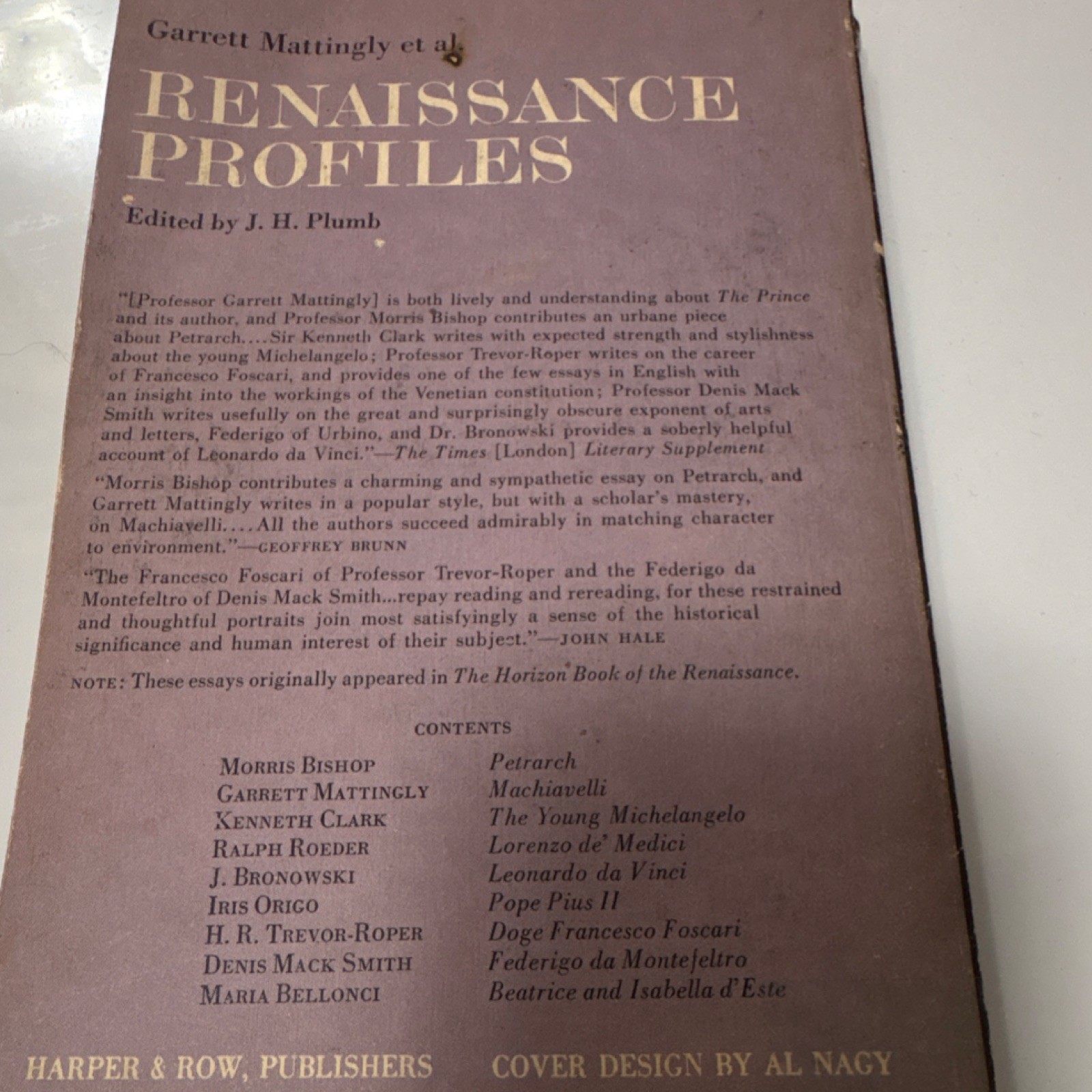 Renaissance Profiles, Garrett Mattingly, Harper, 1965 PB, Torchbooks