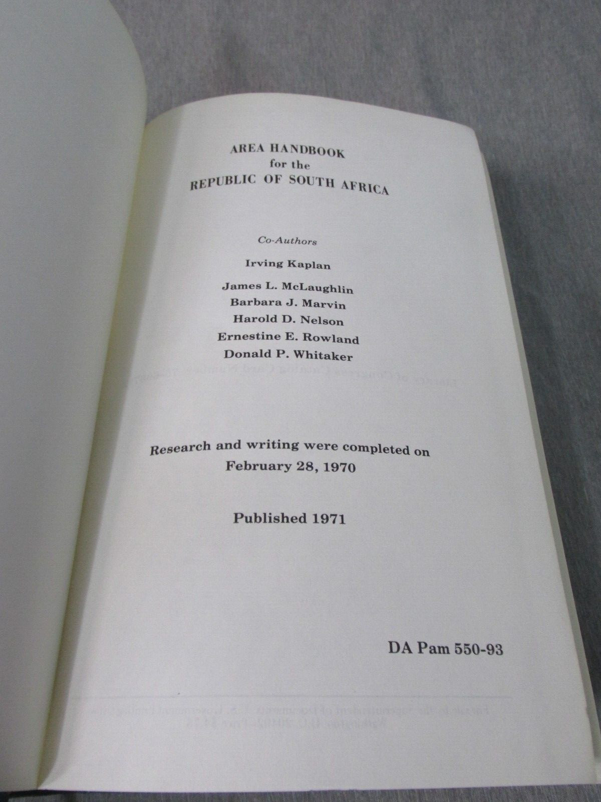 AREA HANDBOOK FOR REPUBLIC OF SOUTH AFRICA 1971 DA PAM 550-93 Hardback