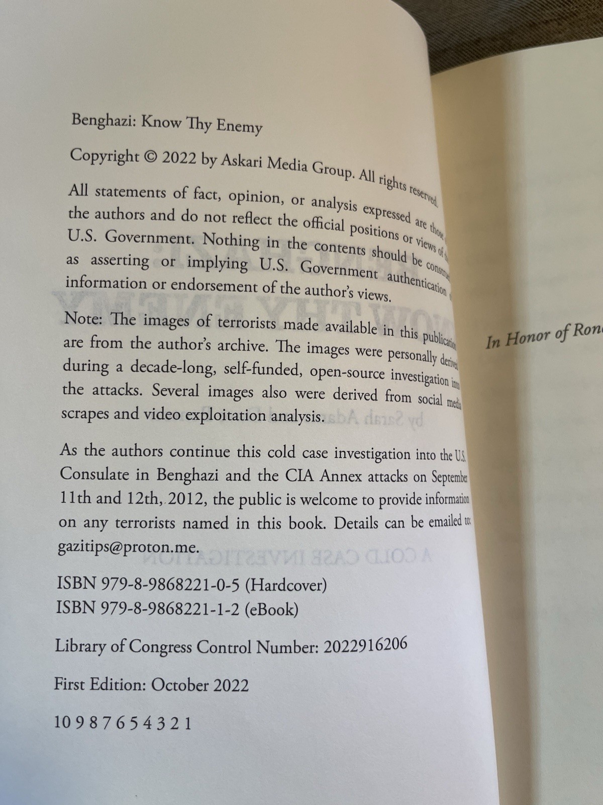 Benghazi: Know Thy Enemy, Sarah Adams, Dave Benton, HB/DJ 2022 1st Edition