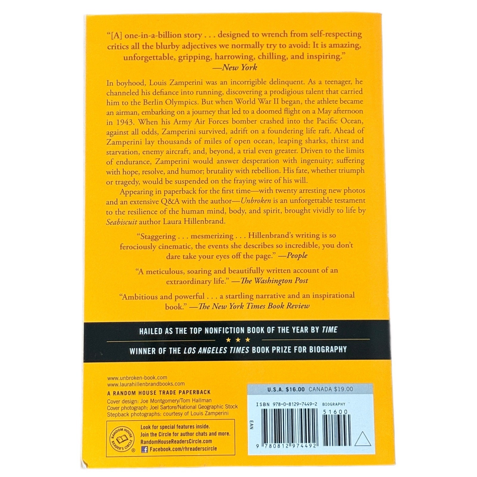 Unbroken Laura Hillenbrand WWII Survival Louis Zamperini Paperback 2014