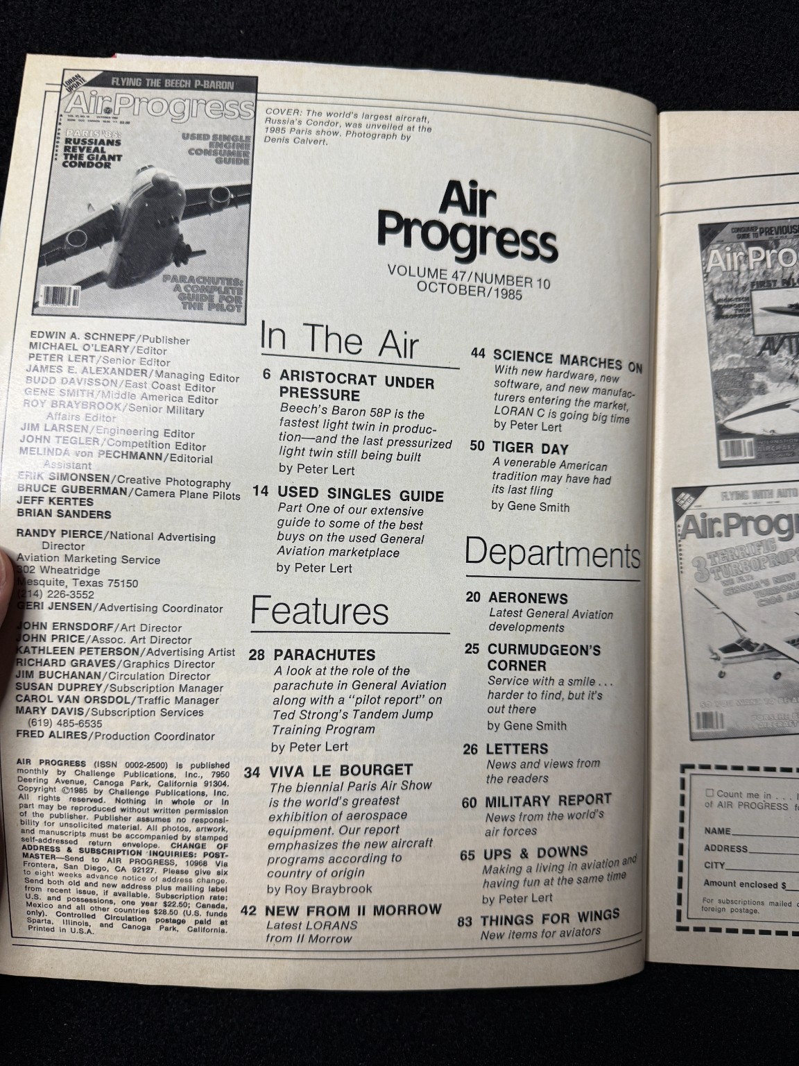 Air Progress Aviation Magazine 1985 Beech P-Baron Paris Air Show Parachutes Guid