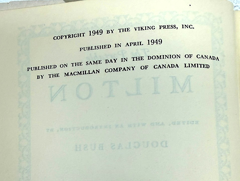 The Portable Milton John Milton 1949 Viking Press HC DJ Douglas Bush Poetry