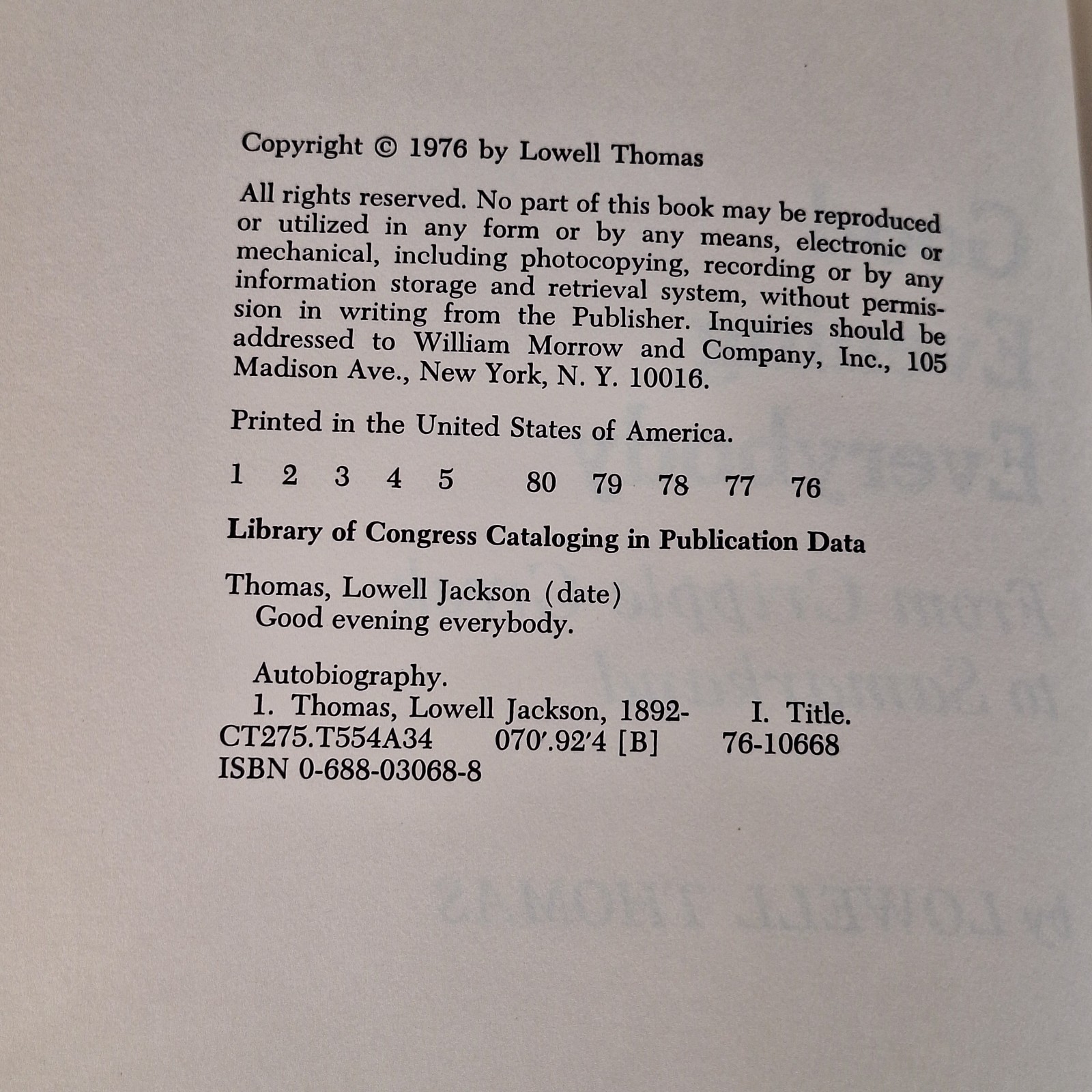 Good Evening Everybody by Lowell Thomas Signed 1st/1st (HC, 1976)