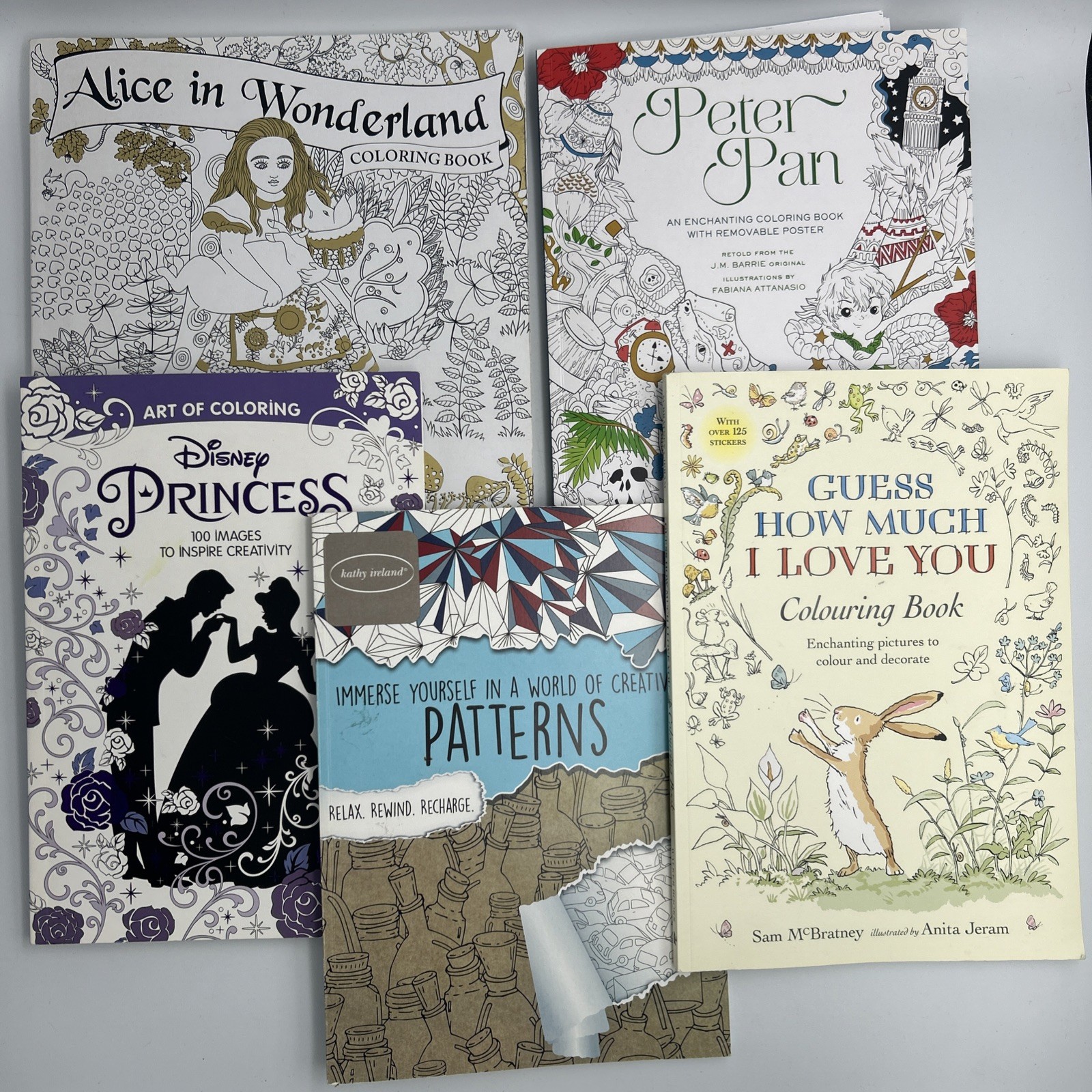 Lot of 5 Adult / Teen Coloring Books Disney Patterns – Mostly Unused See Pics