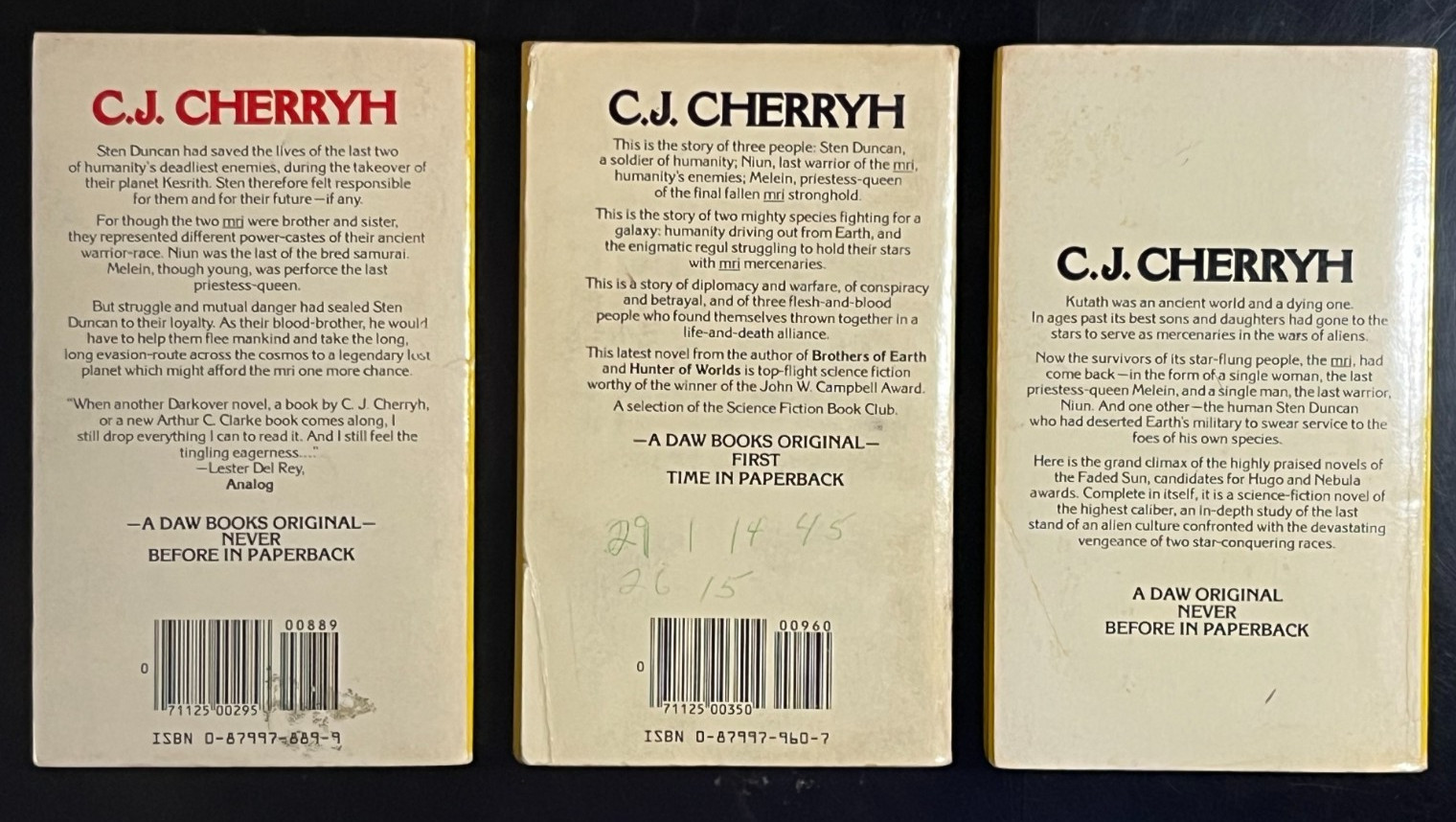 Cherryh THE FADED SUN Trilogy ShonJir Kesrith Kutath DAW Science Fiction Lot PB