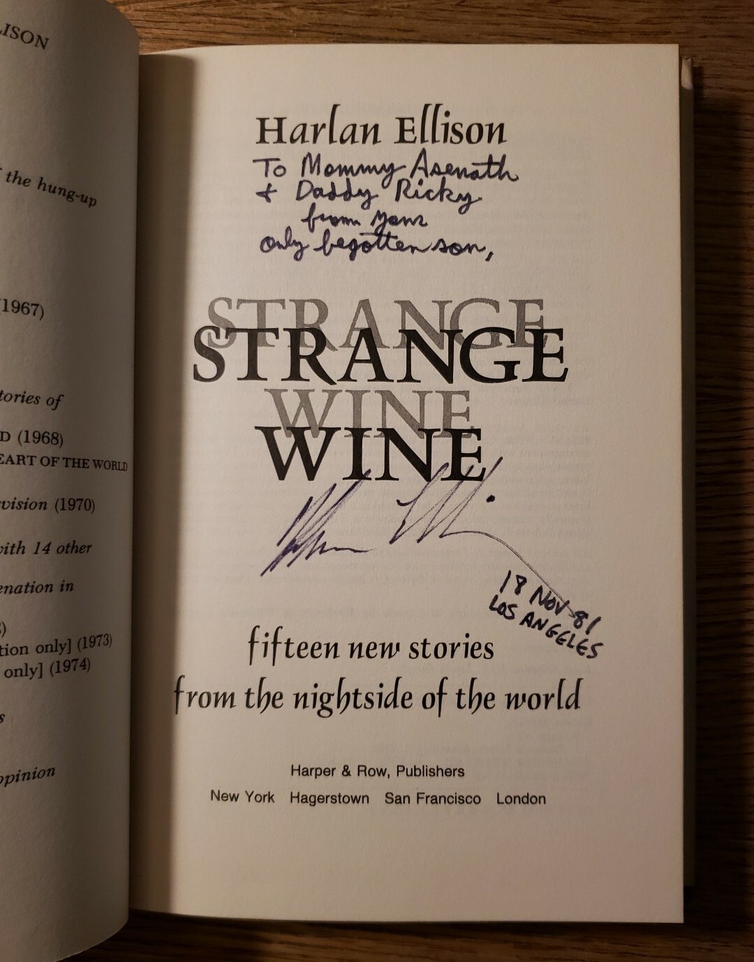 Strange Wine Harlan Ellison First 1st Edition Hardcover Signed