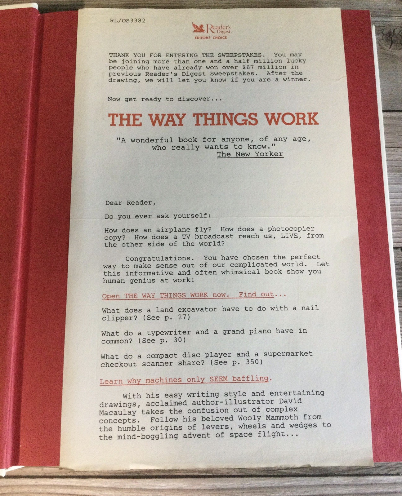 The Way Things Work David Macaulay (1988, Hardcover) Inc Readers Digest Letter