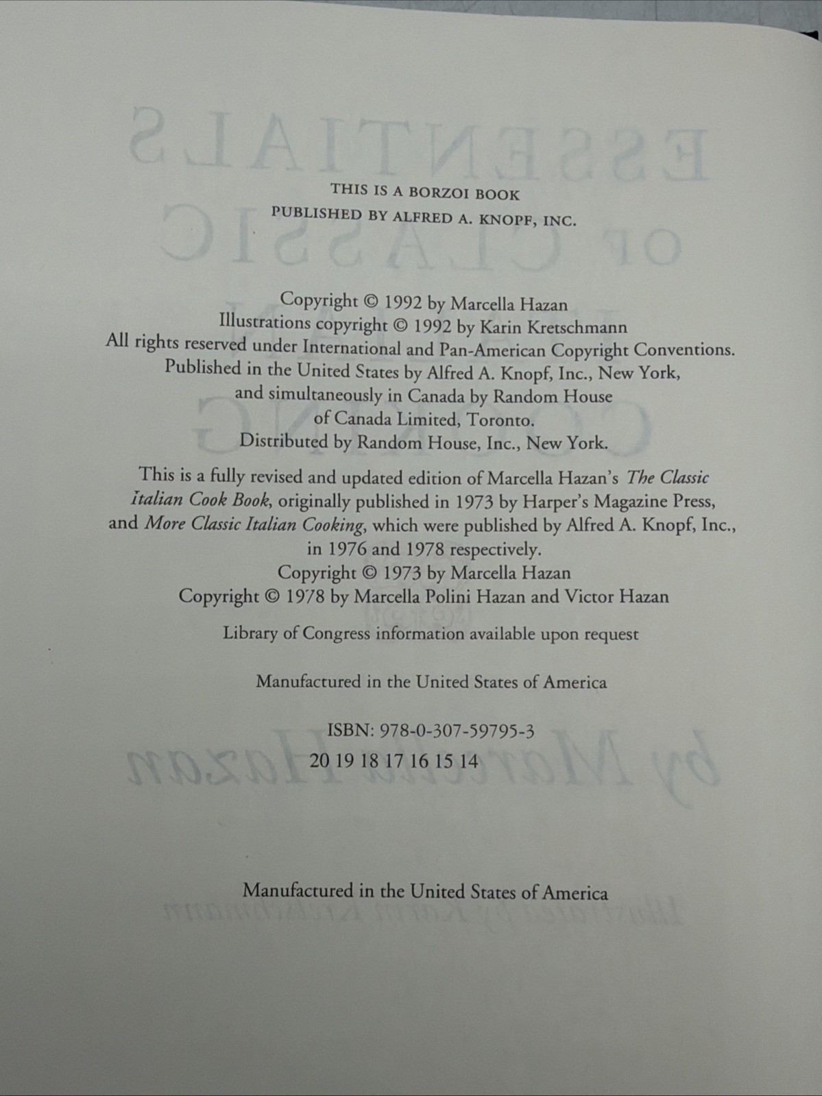 Essentials of Classic Italian Cooking by Marcella Hazan 1993 Cookbook : VeryGood