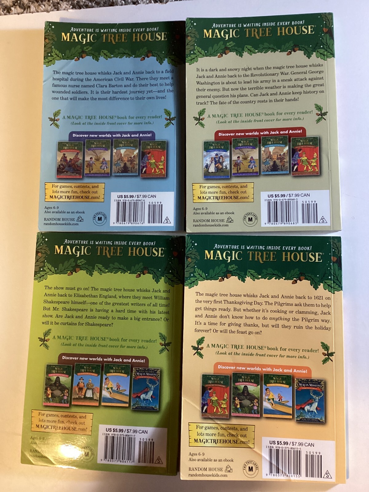 Lot of 4 Mary Pope Osborne Magic Tree House Books #21 #22 #25 #27 Free Shipping