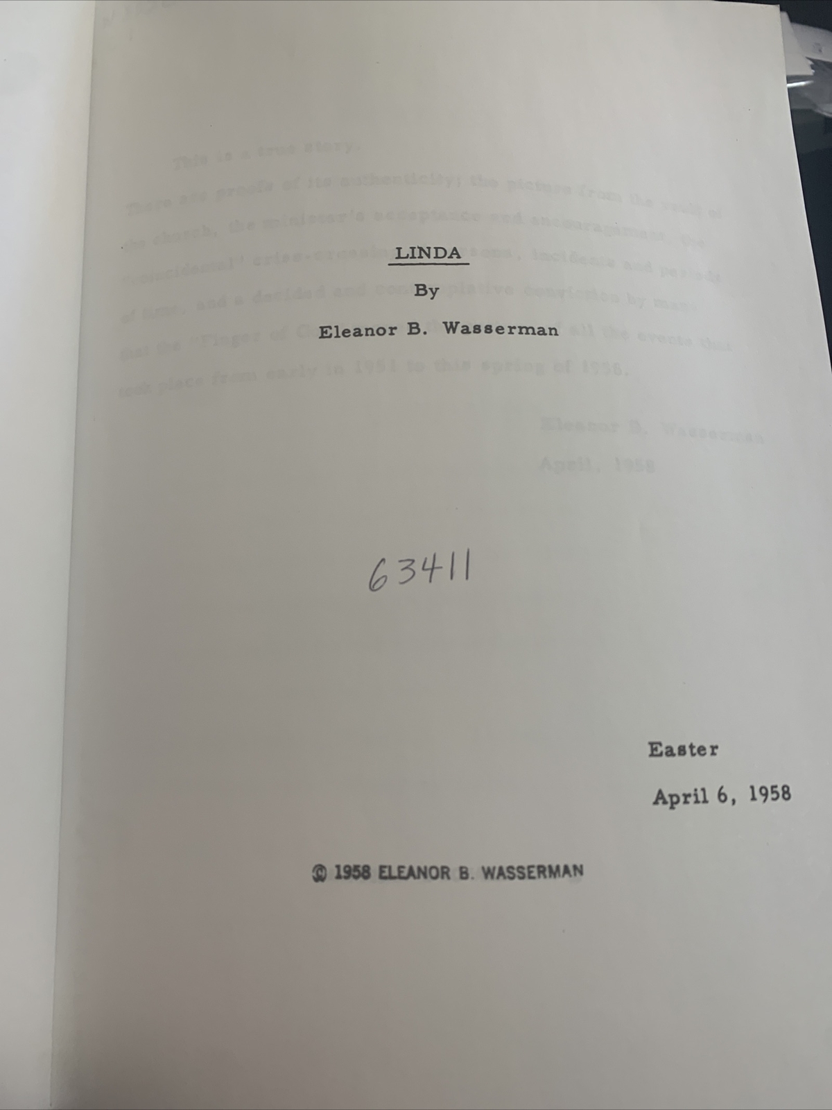 Linda By Eleanor B. Wasserman 1958 First Edition True Story