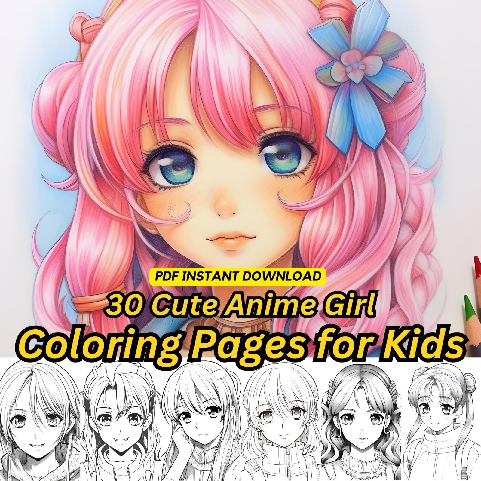30 anime girl kids coloring book pages, coloring pages Stress Relief – Paper Ver