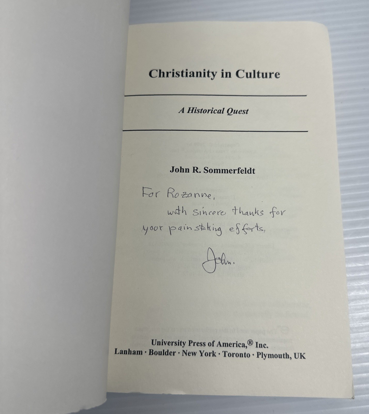 Christianity in Culture Historical Quest John Sommerfeldt 2009 PB SIGNED?