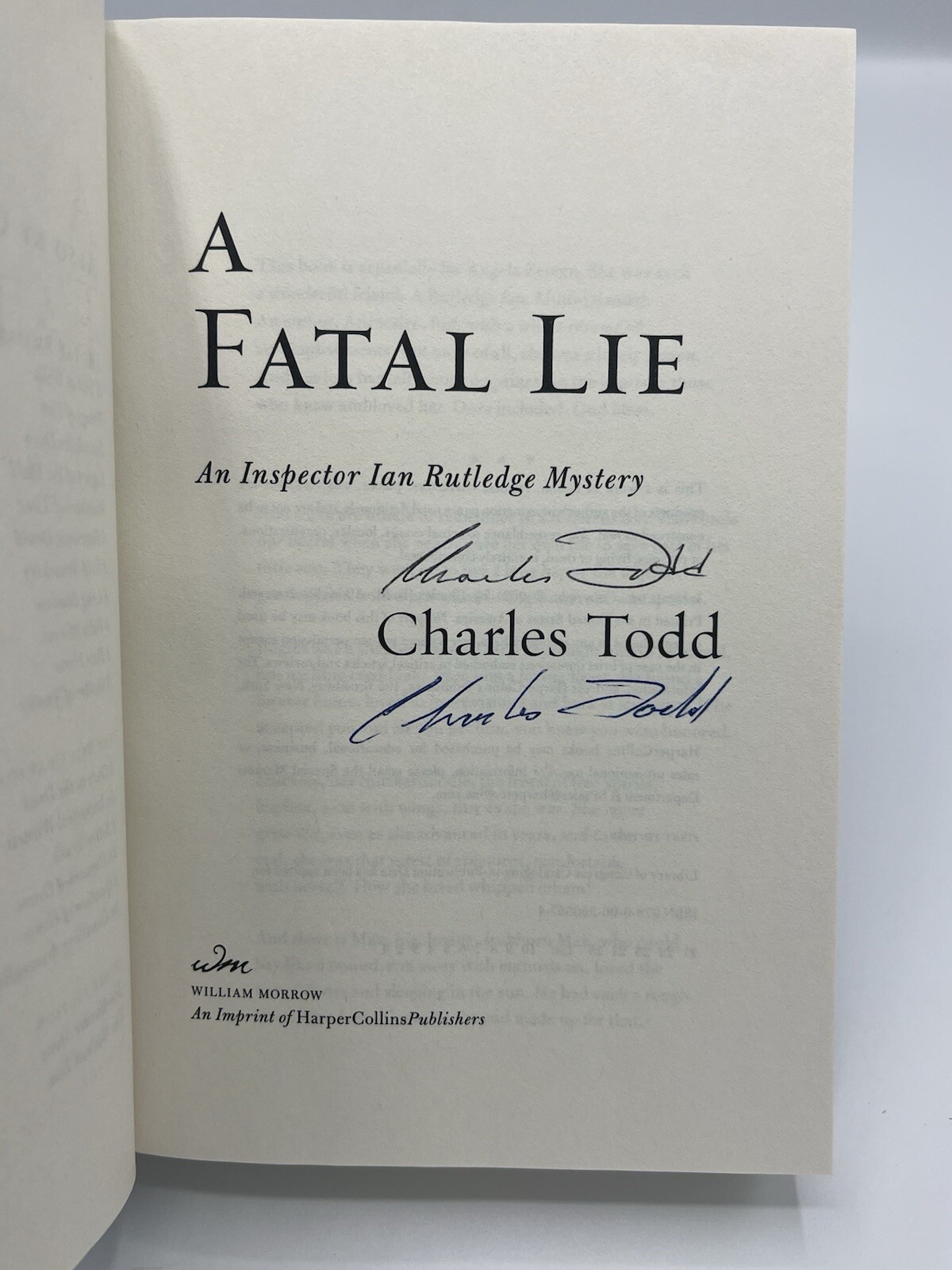 Charles Todd – A Fatal Lie SIGNED 2x 1st Edition Ian Rutledge