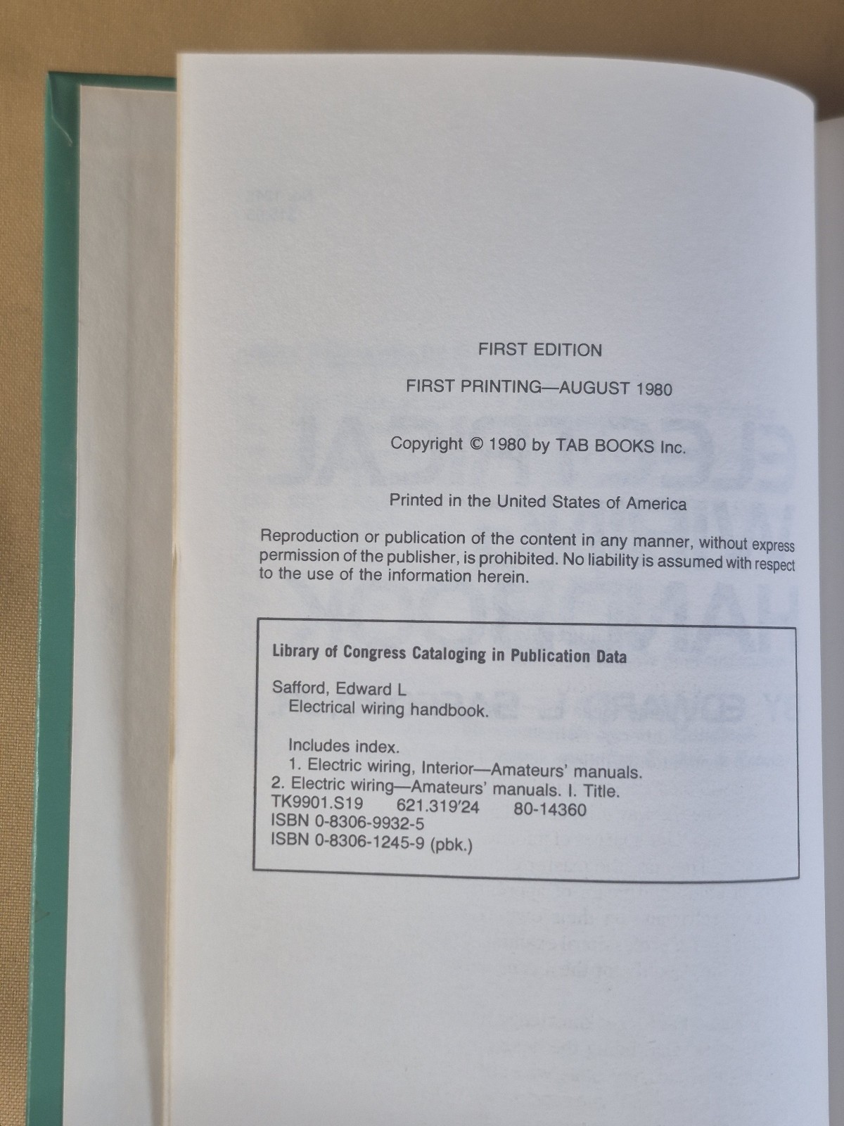 Electrical Wiring Handbook – Edward L Safford – TAB Books Hardcover VG condition