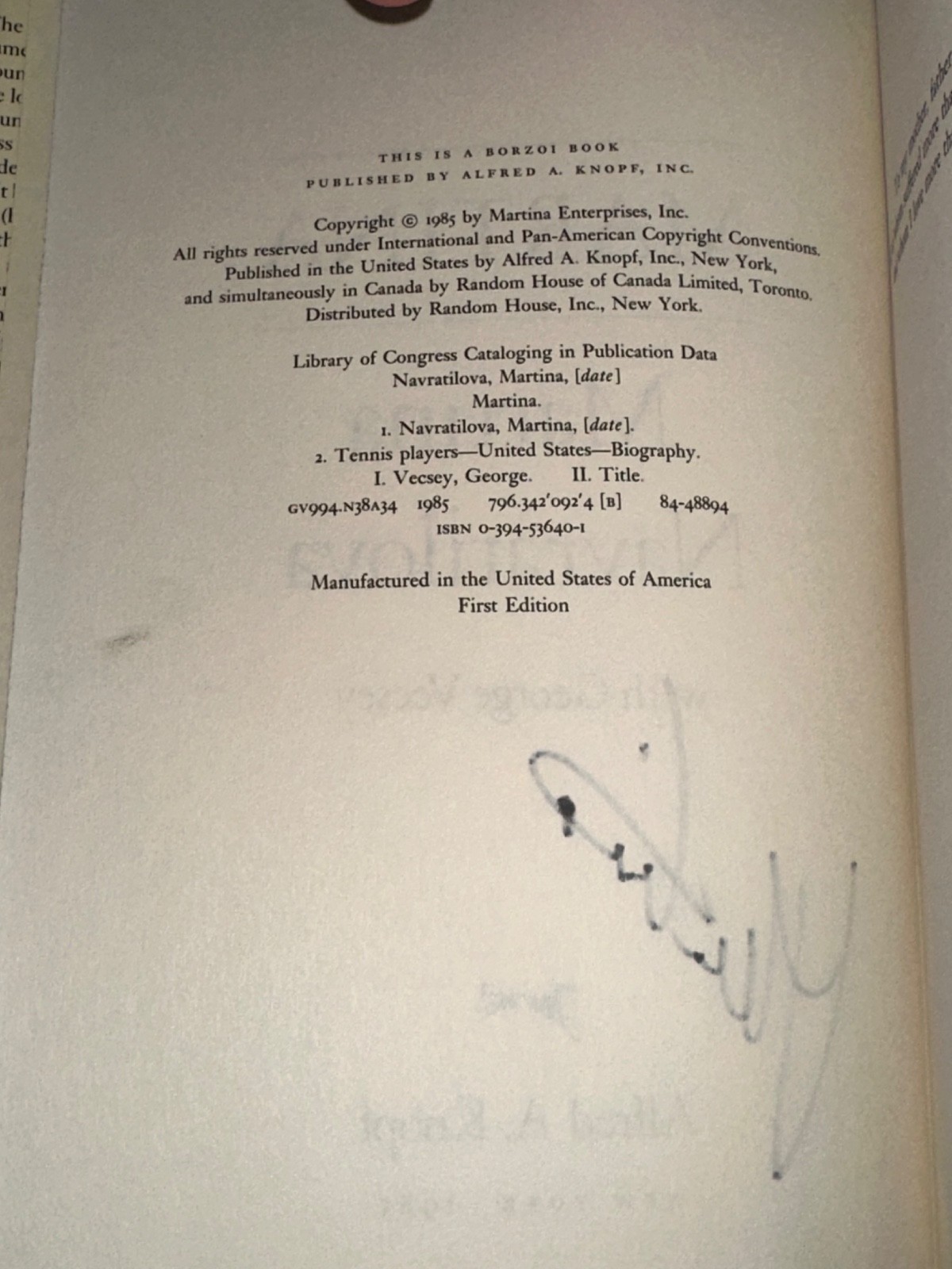MARTINA NAVRATILOVA SIGNED BOOK AUTOBIOGRAPHY MARTINA 1ST EDITION HARD COVER