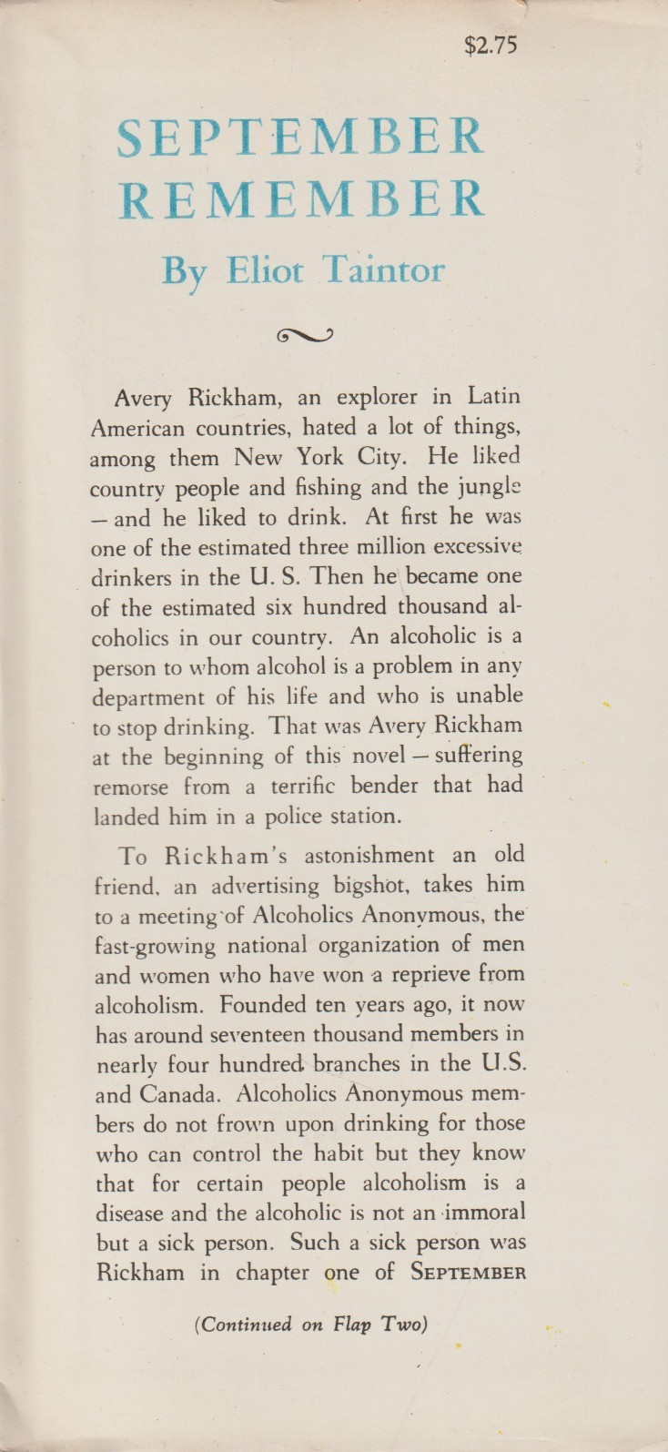 Alcoholics Anonymous, 1945, SEPTEMBER REMEMBER, HC w/dj, Eliot Taintor 3rd prnt.