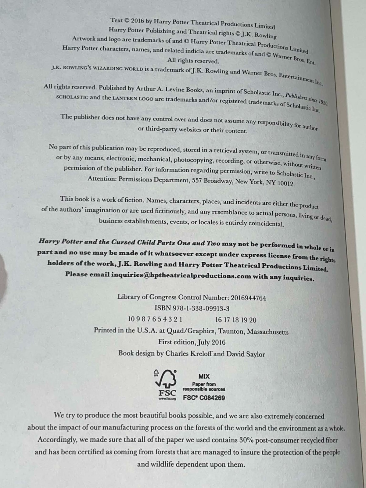 Harry Potter and the Cursed Child – Parts One & Two (1st edition & 1st Print)