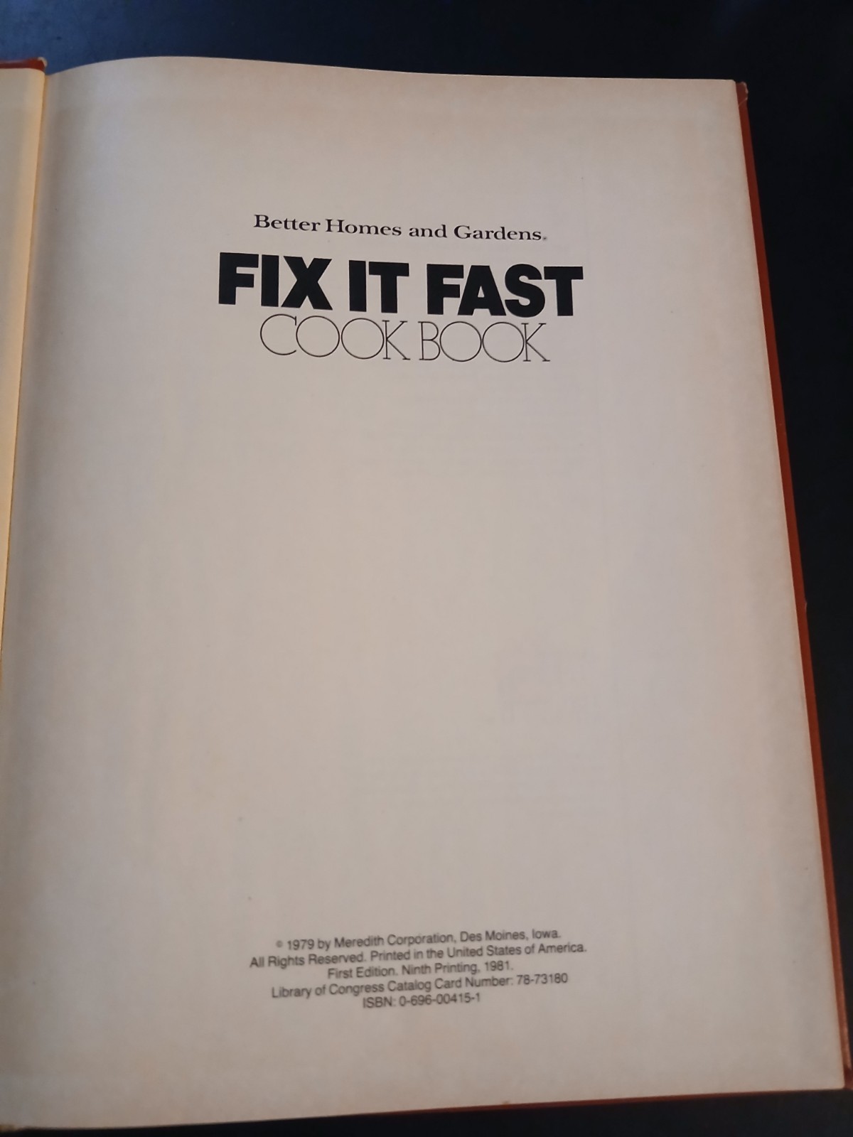 Better Homes and Gardens Fix It Fast Cook Book Hardcover 1979 Meredith Corp