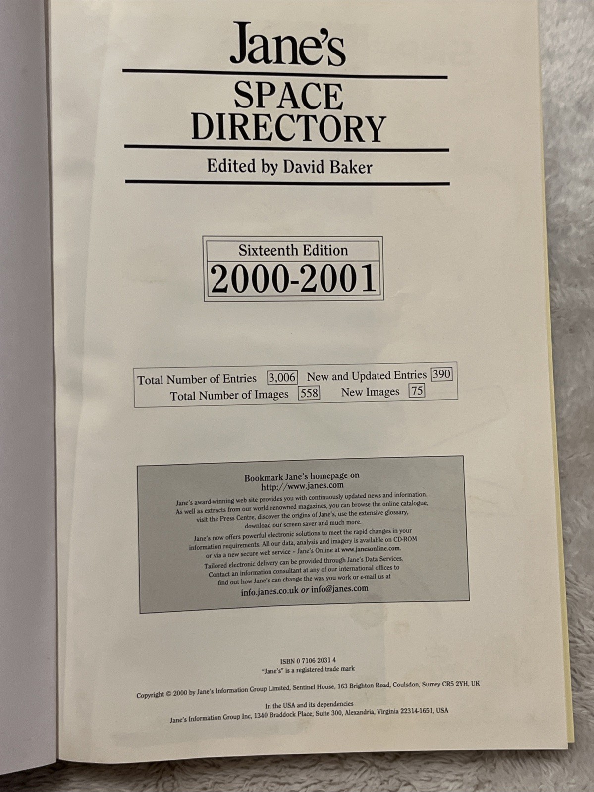 Jane’s Space Directory 2000-2001 16th Edition Former Library Reference Book