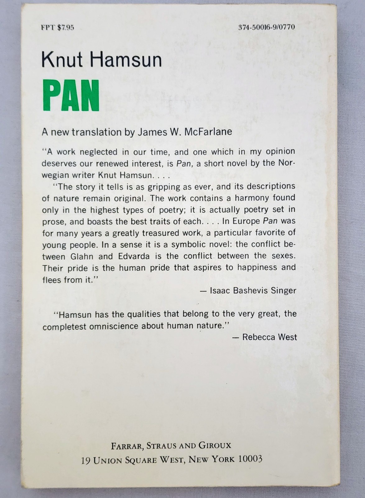 Pan by Knut Hamsun (1986 print) *VERY GOOD* Farrar, Straus & Giroux