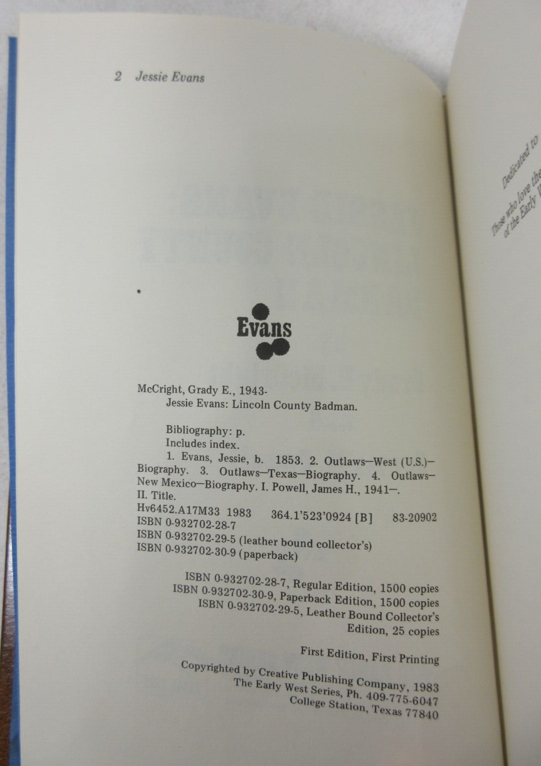 SIGNED LIMITED ED “JESSIE EVANS: LINCOLN COUNTY BADMAN” McCright Powell Leather
