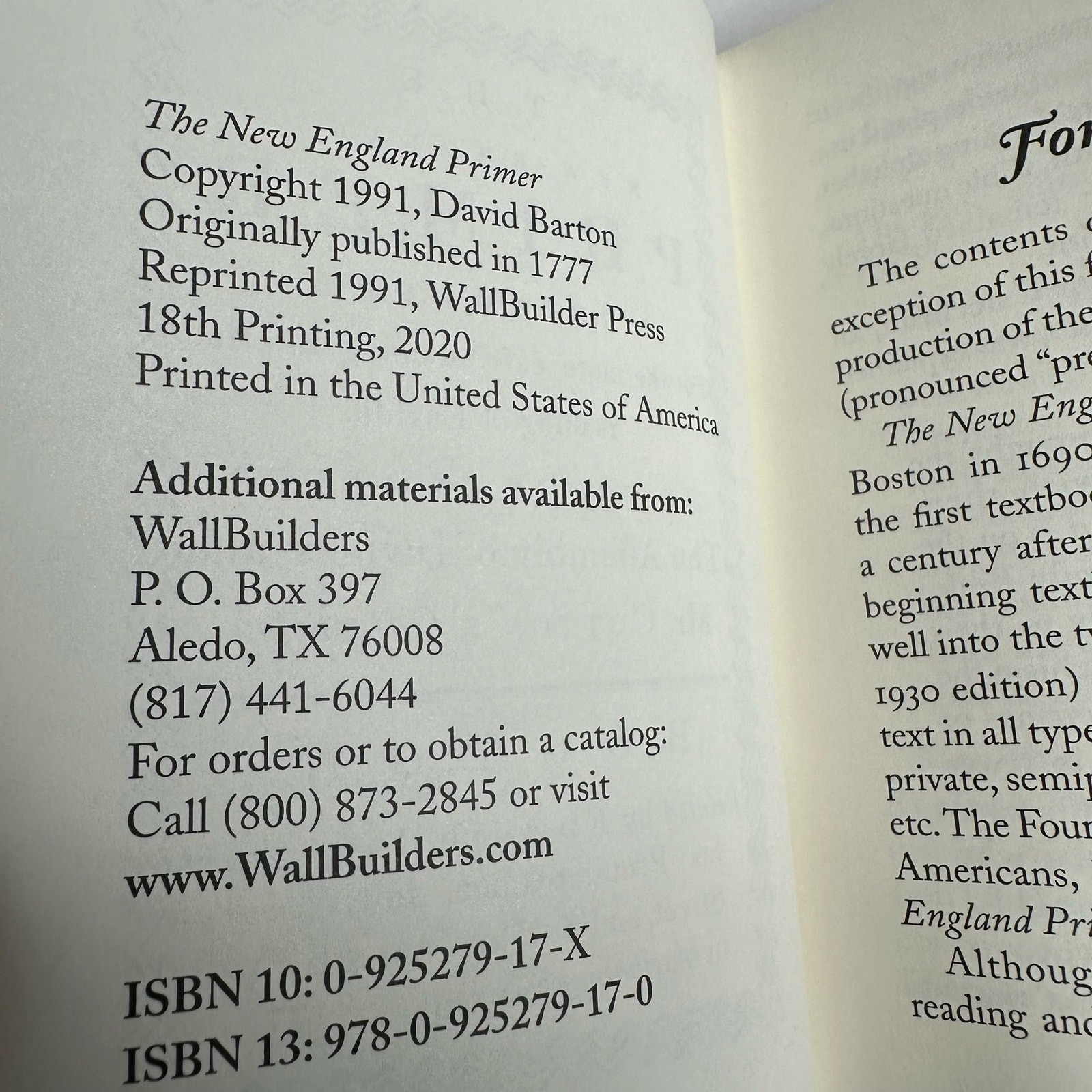 New England Primer David Barton Book Hardcover
