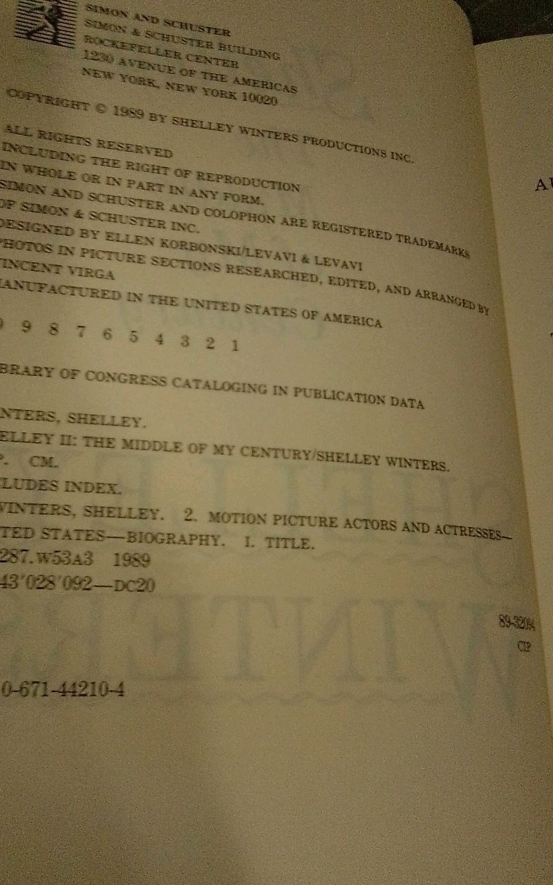 Shelley II: The Middle of My Century_Shelley Winters -HCwDJ -1989 -1st Edition