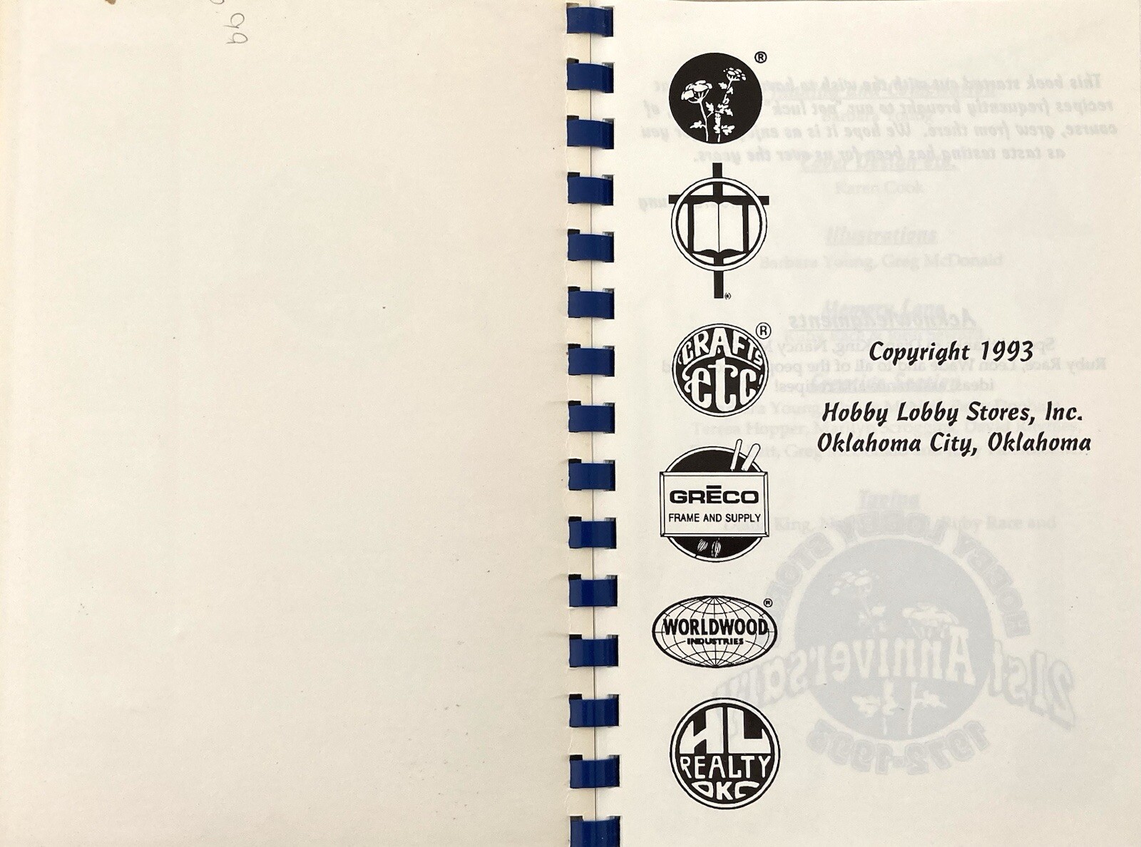 Hobby Lobby Stores 21st Anniversary Cookbook 1972-1993 Spiral