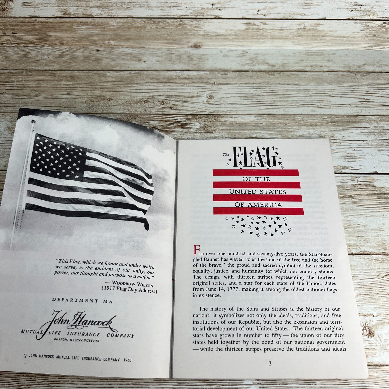 Vtg 1960 Book Flag Of United States of America John Hancock Life Insurance USA