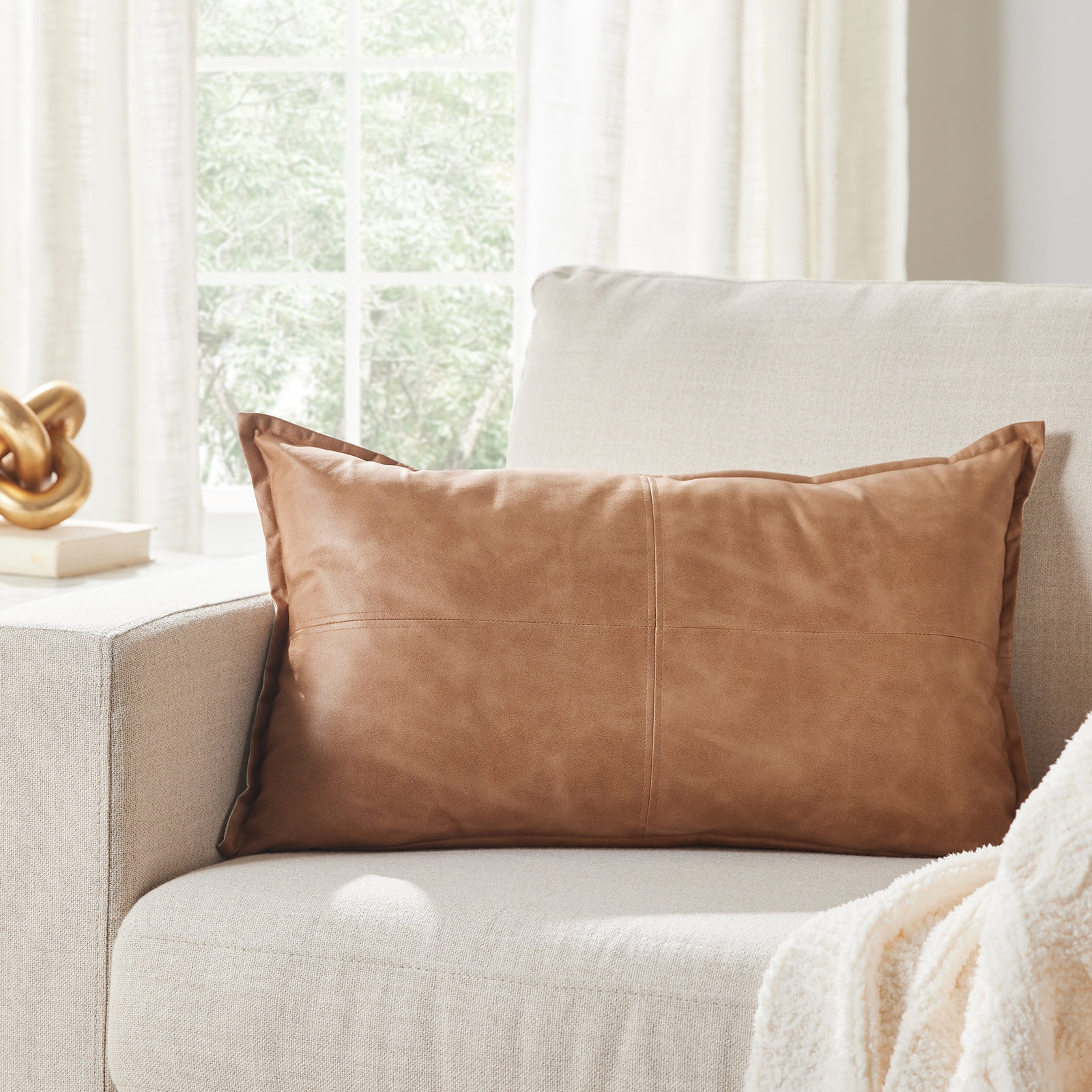 14″ X 24″ Beige Vegan Leather Decorative Pillow