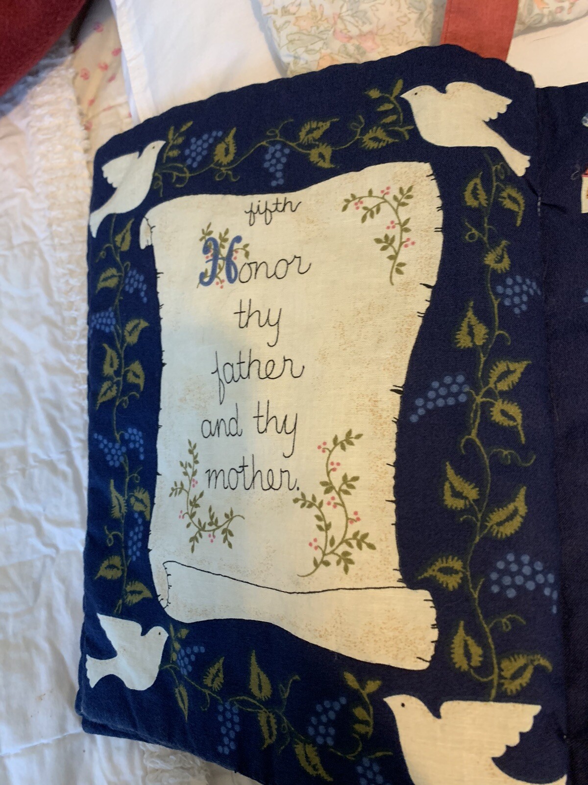 Vintage Cloth -Quilted 10 Commandments Book with Bookmark! 10 1/2 Inches Long