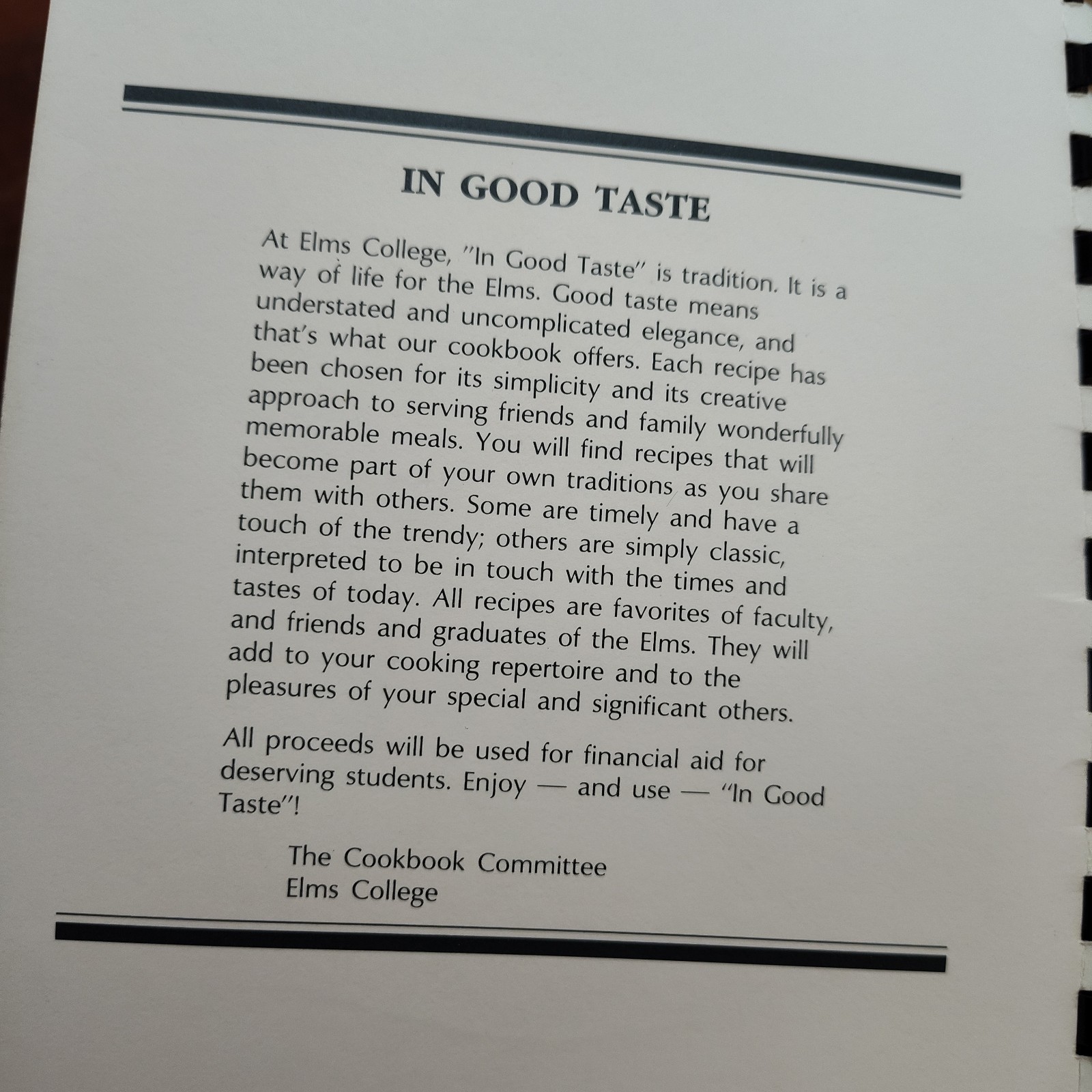 In Good Taste Spiral Bound Elms College Cookbook 159 Pages